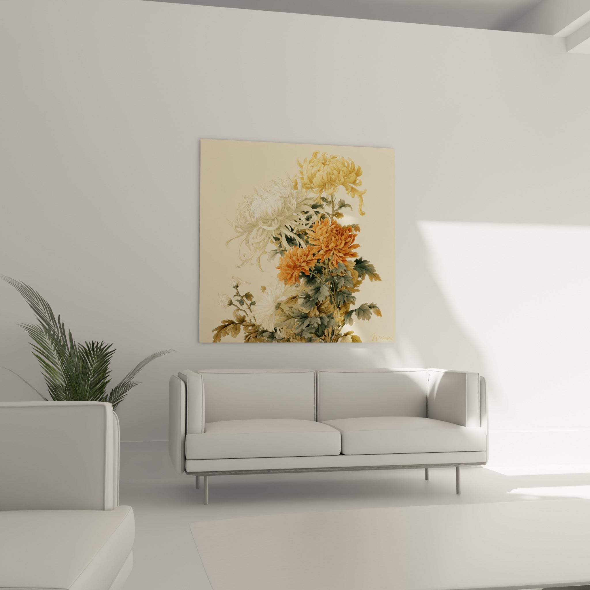 Fleurs de chrysanthème blanches et terracotta au-dessus d'un canapé dans un salon lumineux