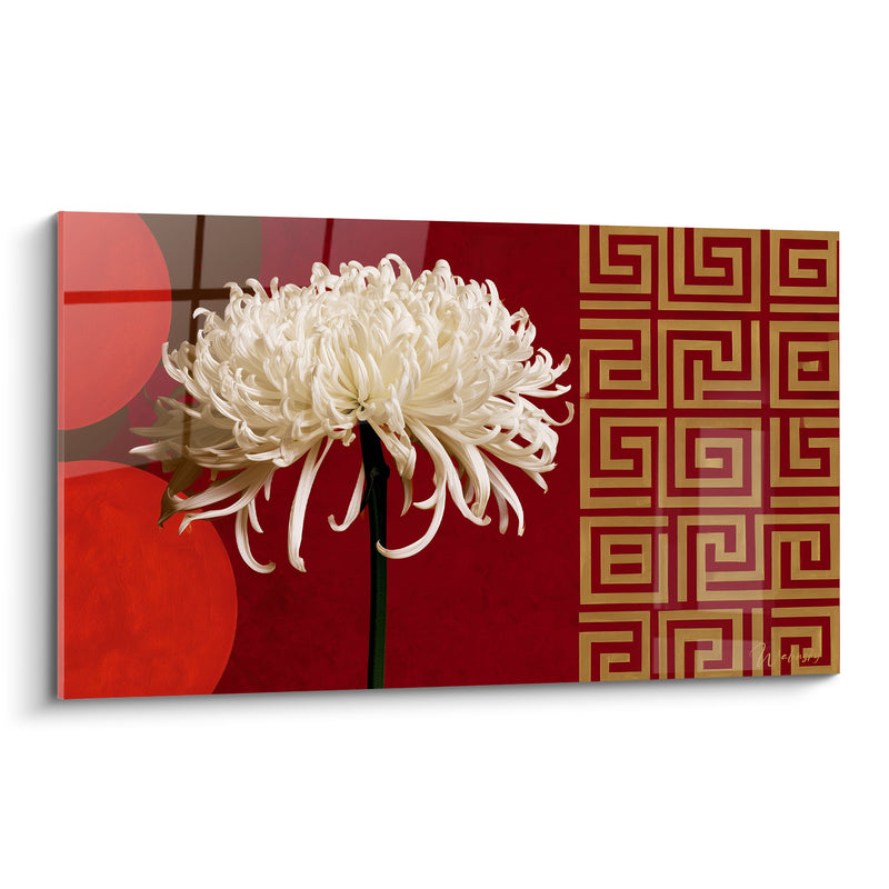 Tableau Chrysanthème blanc sur fond rouge et or - Élégance orientale - Edition Chrysanthème