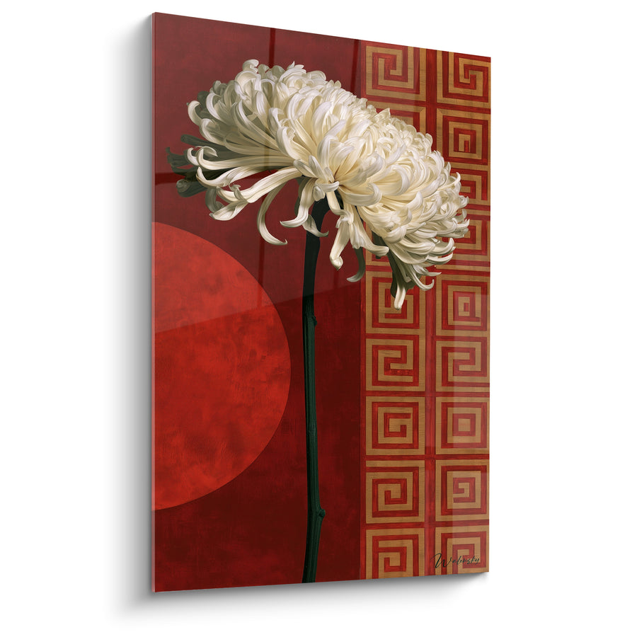 Chrysantheme elfenbein auf rotem Hintergrund und purpurroter Scheibe - Griechisches Goldmuster - Chrysantheme Edition