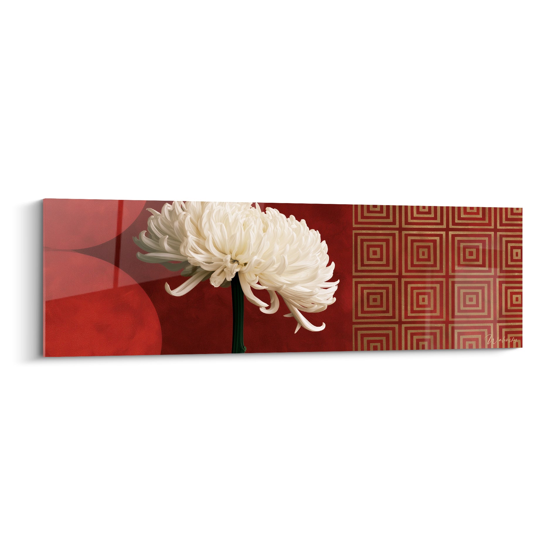 Chrysanthème blanc aux pétales recourbés sur fond rouge et motifs dorés géométriques