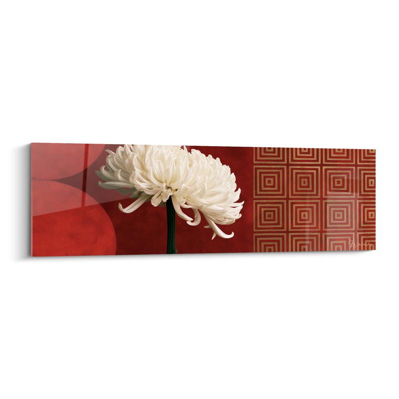 Tableau Chrysanthème blanc sur fond rouge géométrique - Éclat oriental - Edition Chrysanthème