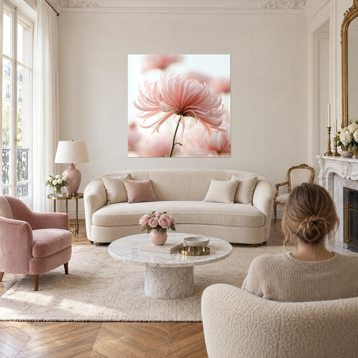 Quadro crisantemo dai petali affusolati rosa cipria e bianchi, sfondo sfocato, sopra un divano in un soggiorno luminoso