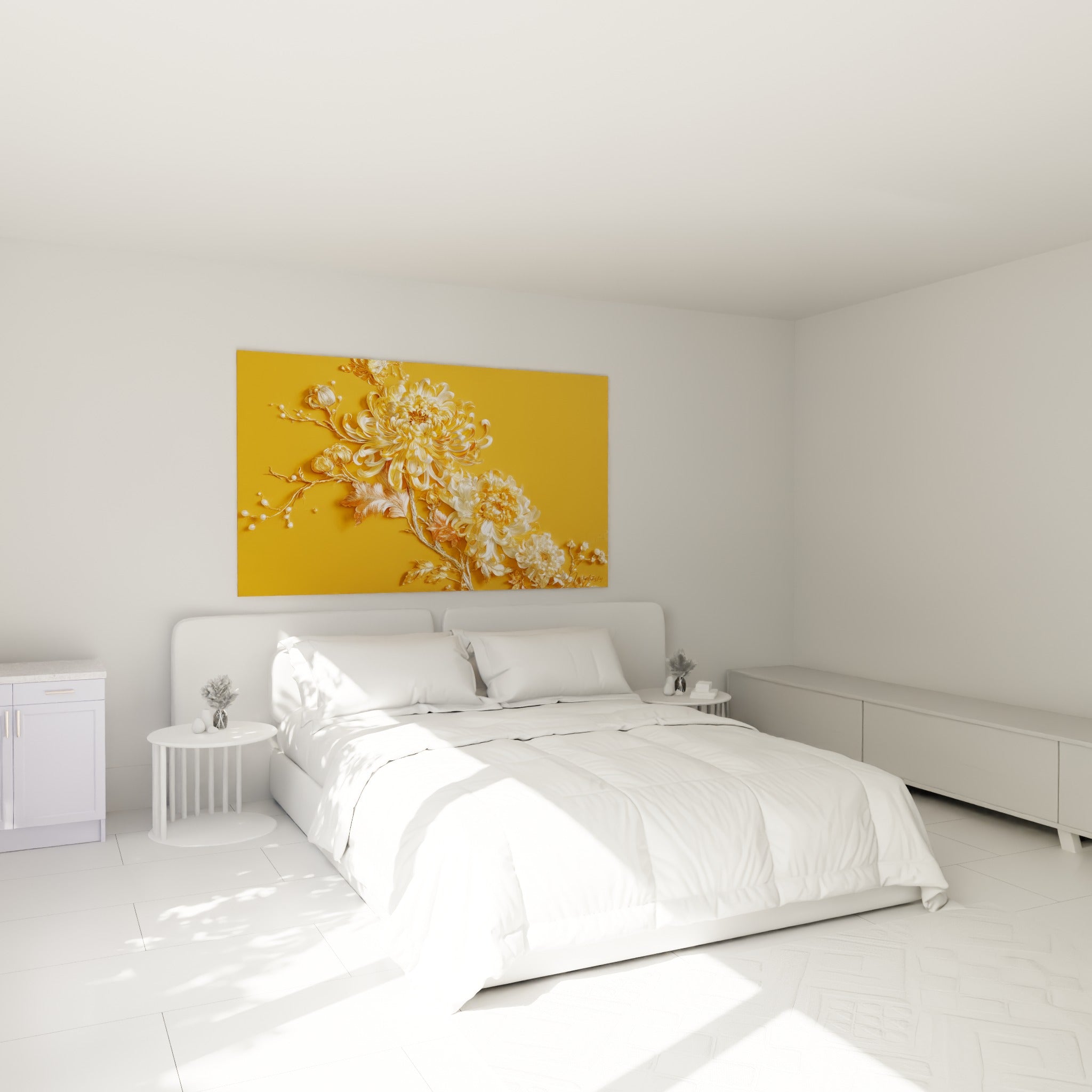 Fleurs de chrysanthème dorées et blanches accrochées au-dessus d'un lit dans une chambre claire