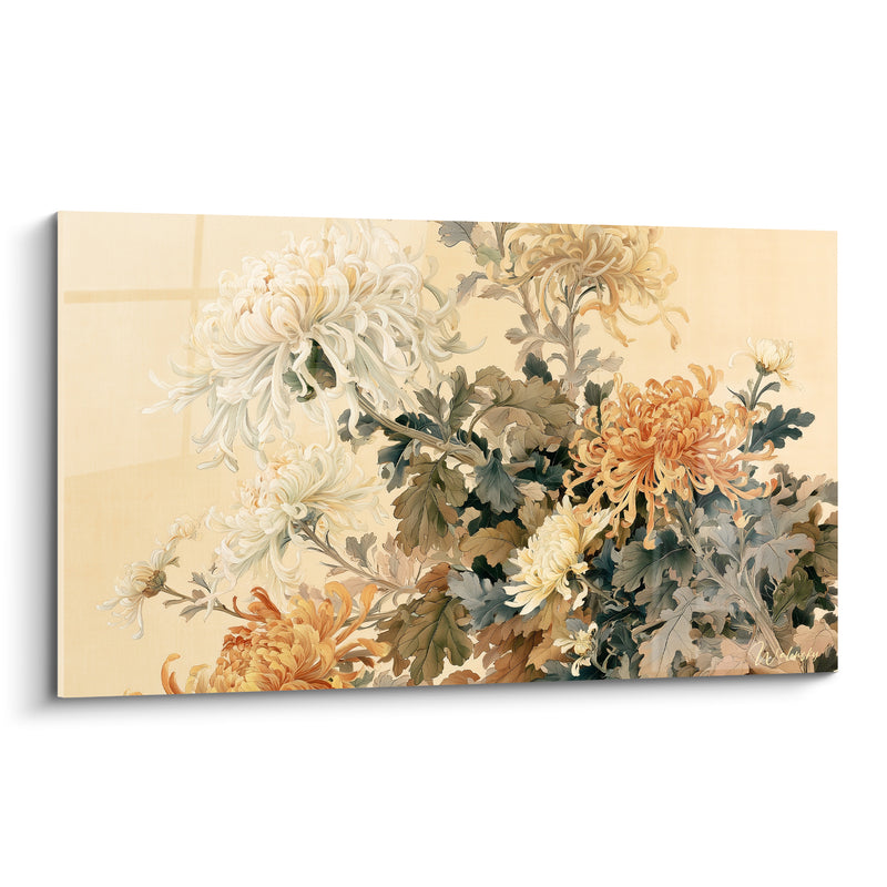 Tableau Chrysanthèmes blancs et orangés en cascade feuillue - Grappe abondante - Edition Chrysanthème