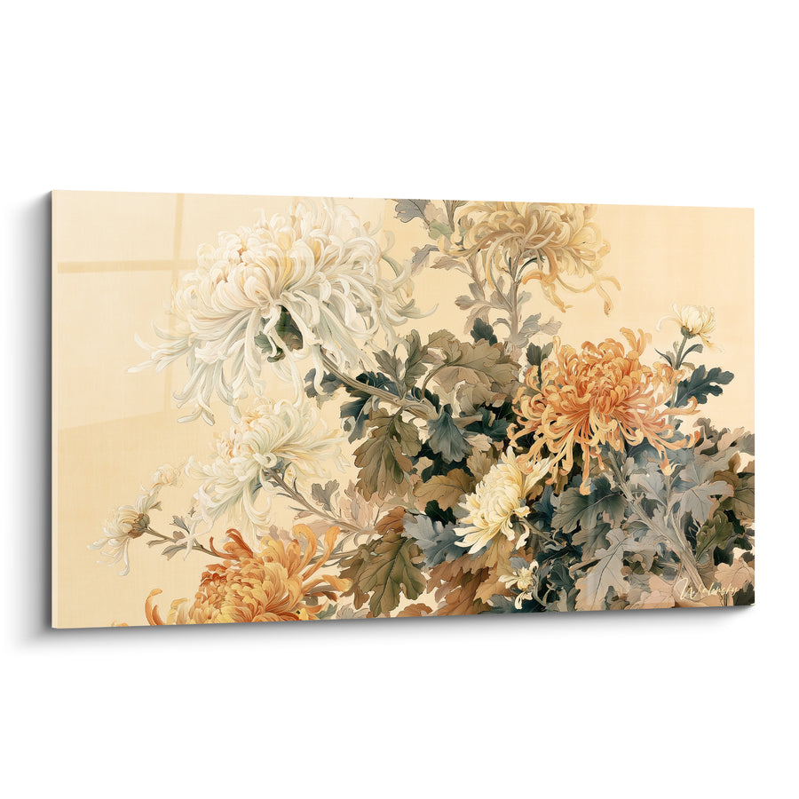 Gemälde Weiße und Orange Chrysanthemen in Blätternachfall - Üppiges Bündel - Chrysantheme Edition