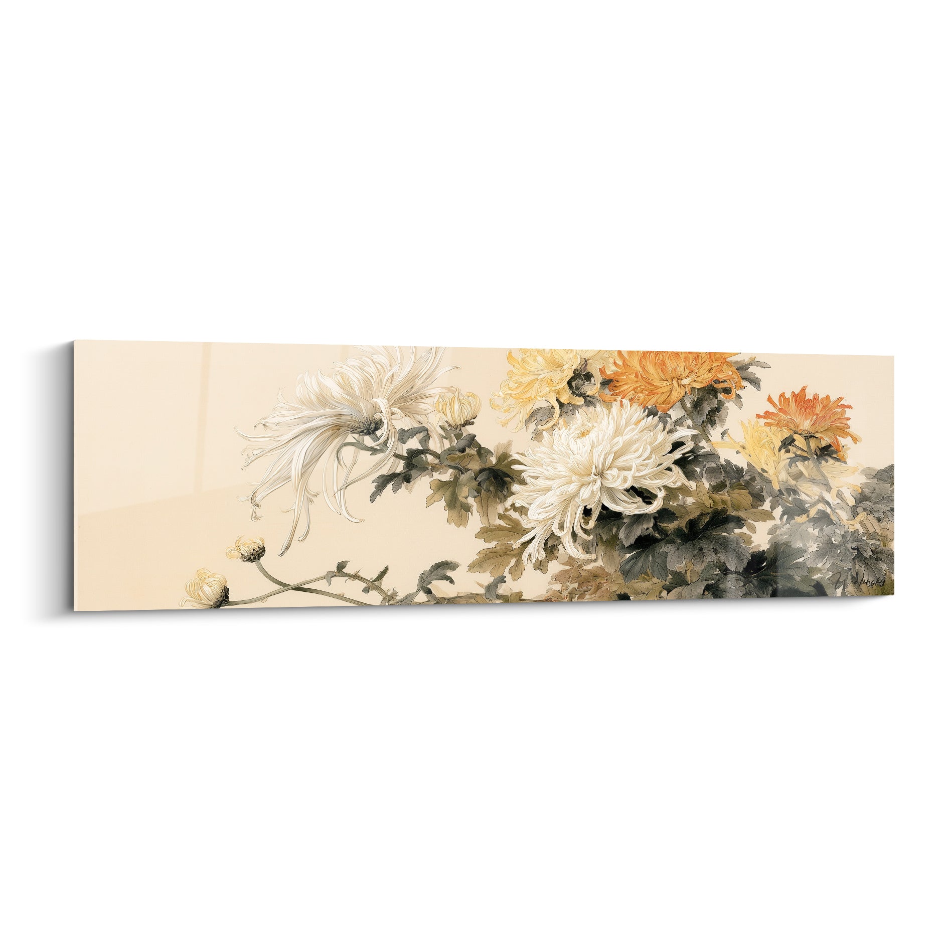 Chrysanthème blanc et orangé aux pétales effilés sur fond ivoire, style pictural délicat