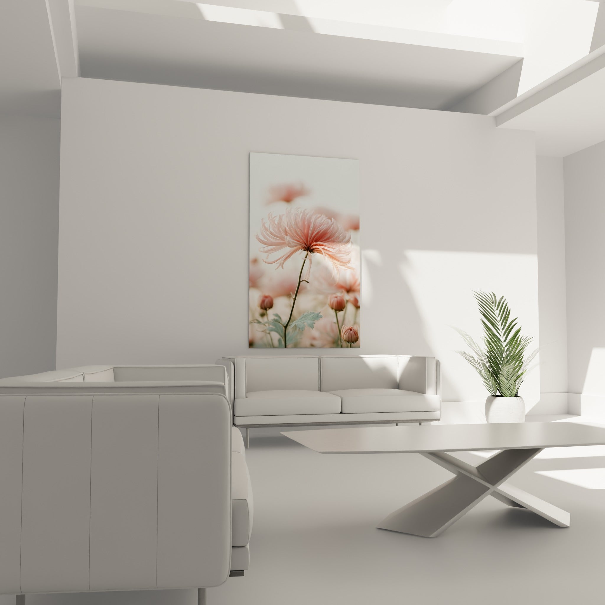 Chrysanthème délicat rose pâle et blanc à la tige verte, disposé au-dessus d'un canapé dans un salon lumineux