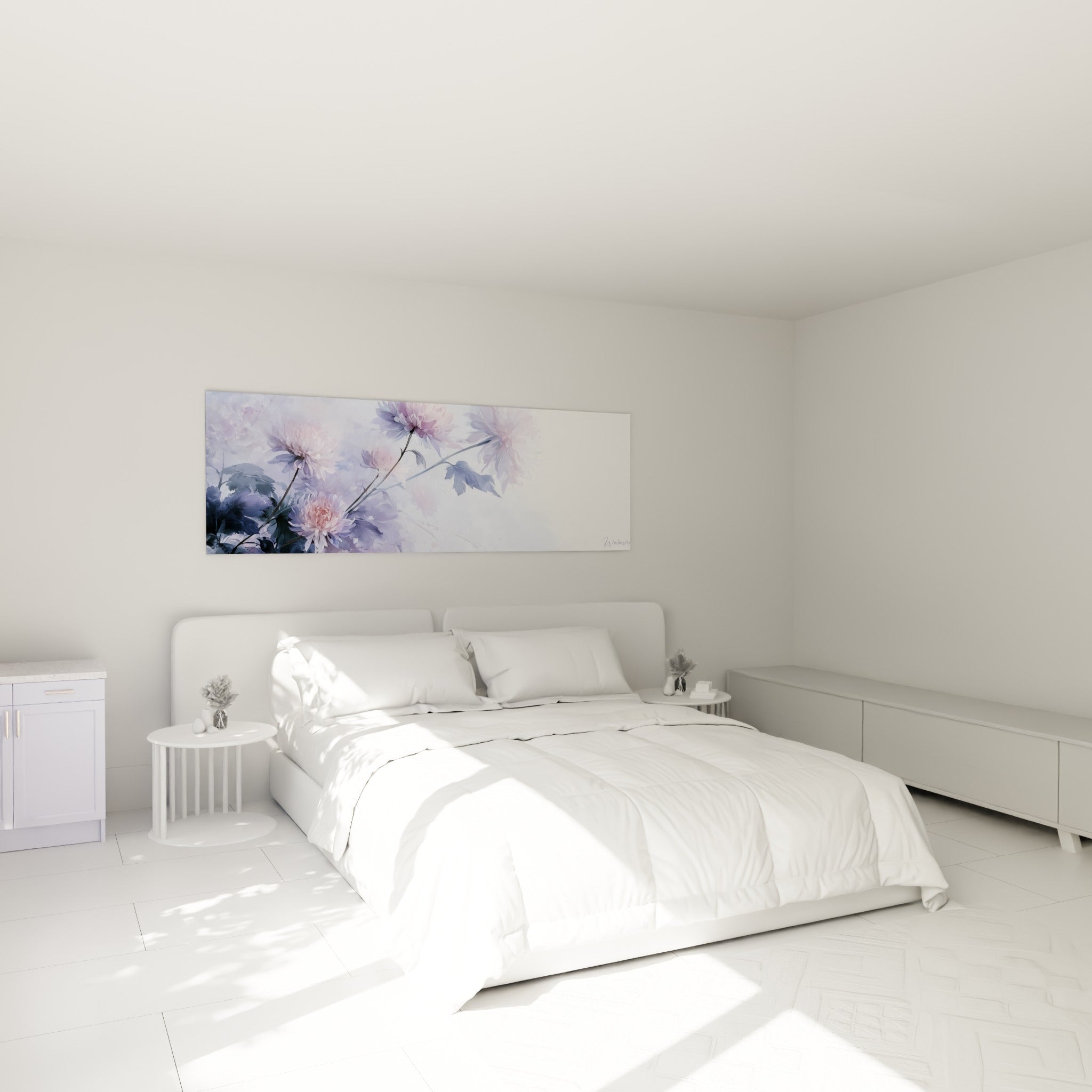 Fleurs de chrysanthème roses et bleu ardoise flottant au-dessus d'un lit dans une chambre claire