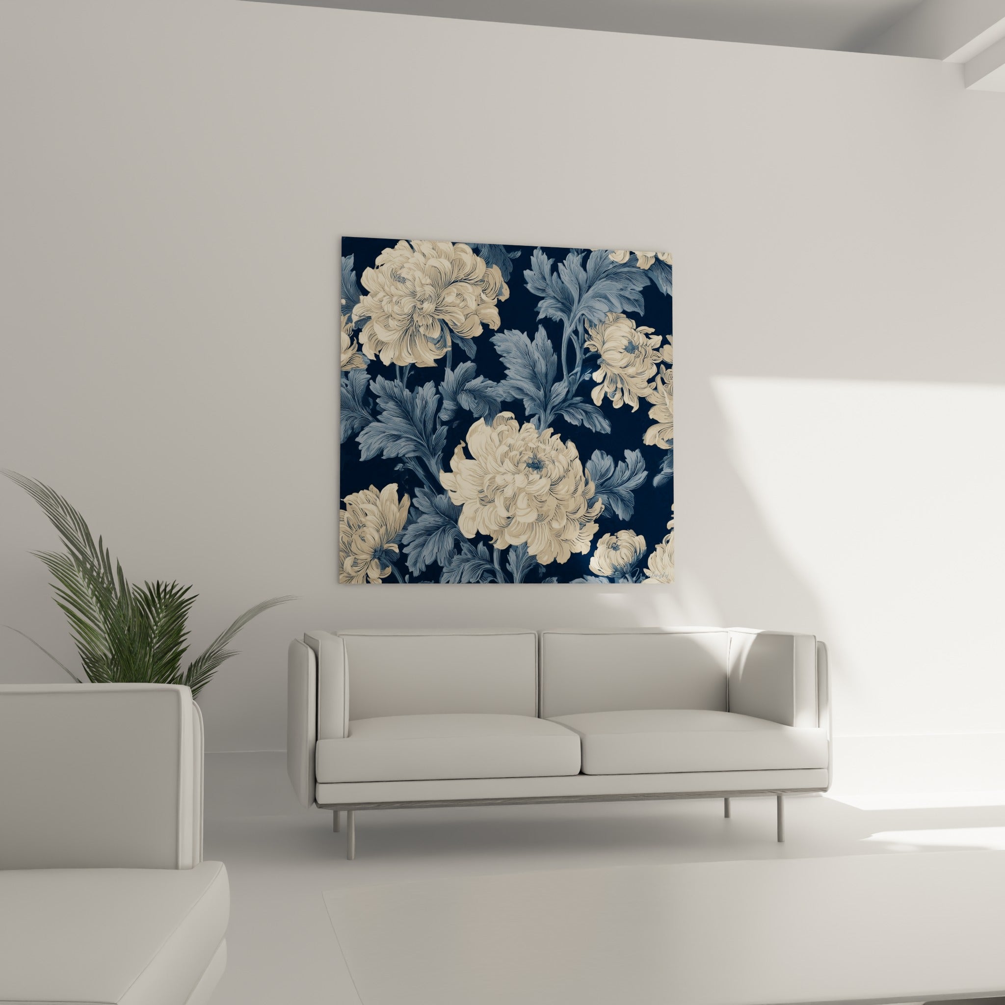 Bouquet de chrysanthèmes crème sur fond bleu nuit au-dessus d'un canapé dans un salon lumineux
