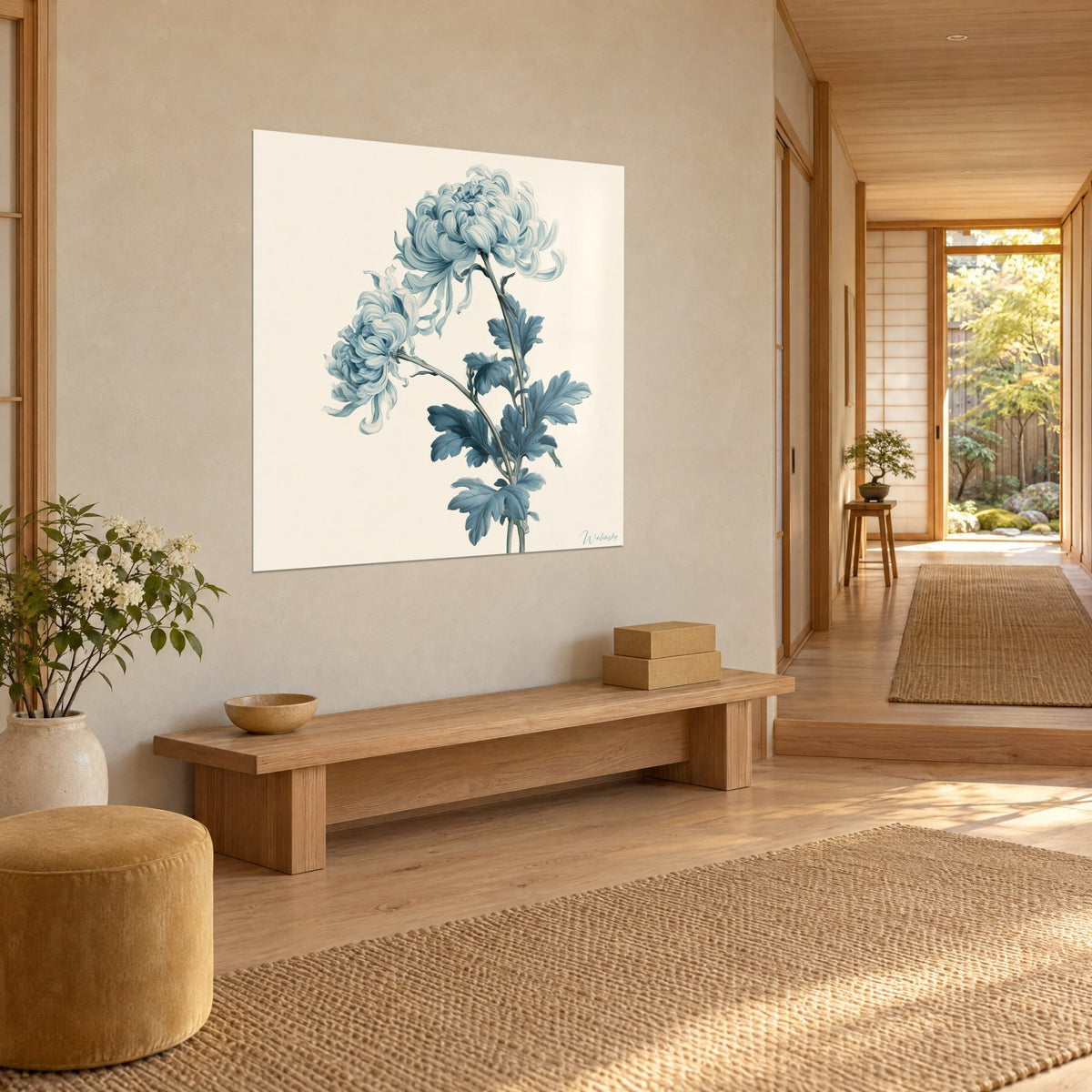 Wall art wavy flower with petrol blue leaves, grey stems on cream, beige wall, wooden bench and japandi hallway