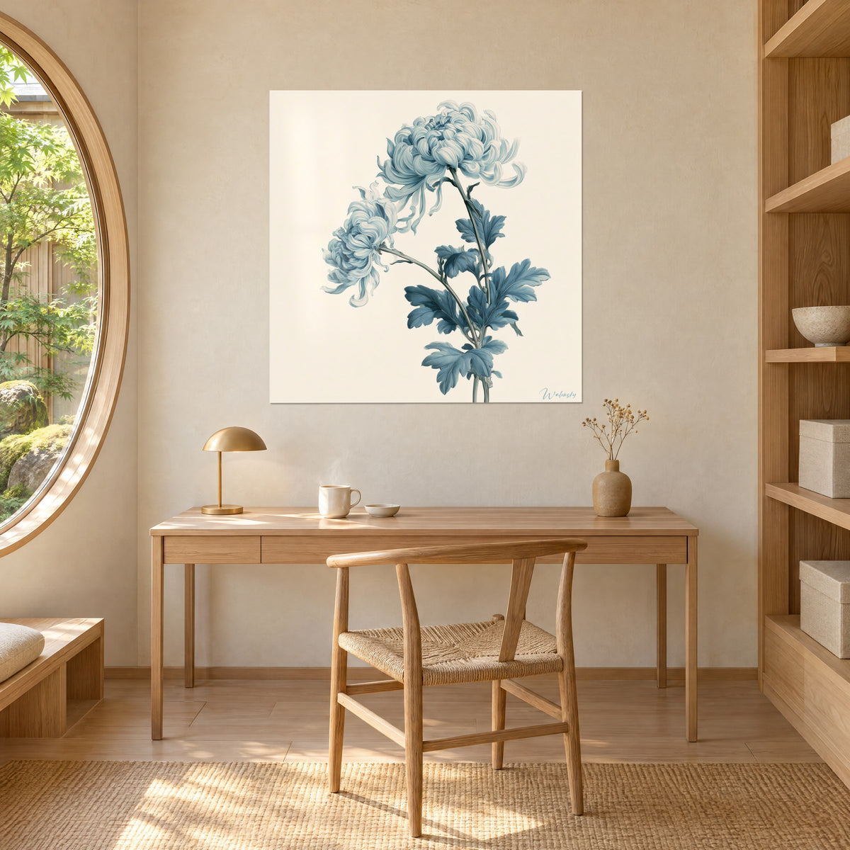 Quadro fiori inclinati azzurro polvere, steli sottili e fogliame frastagliato blu petrolio, sopra una scrivania in legno chiaro