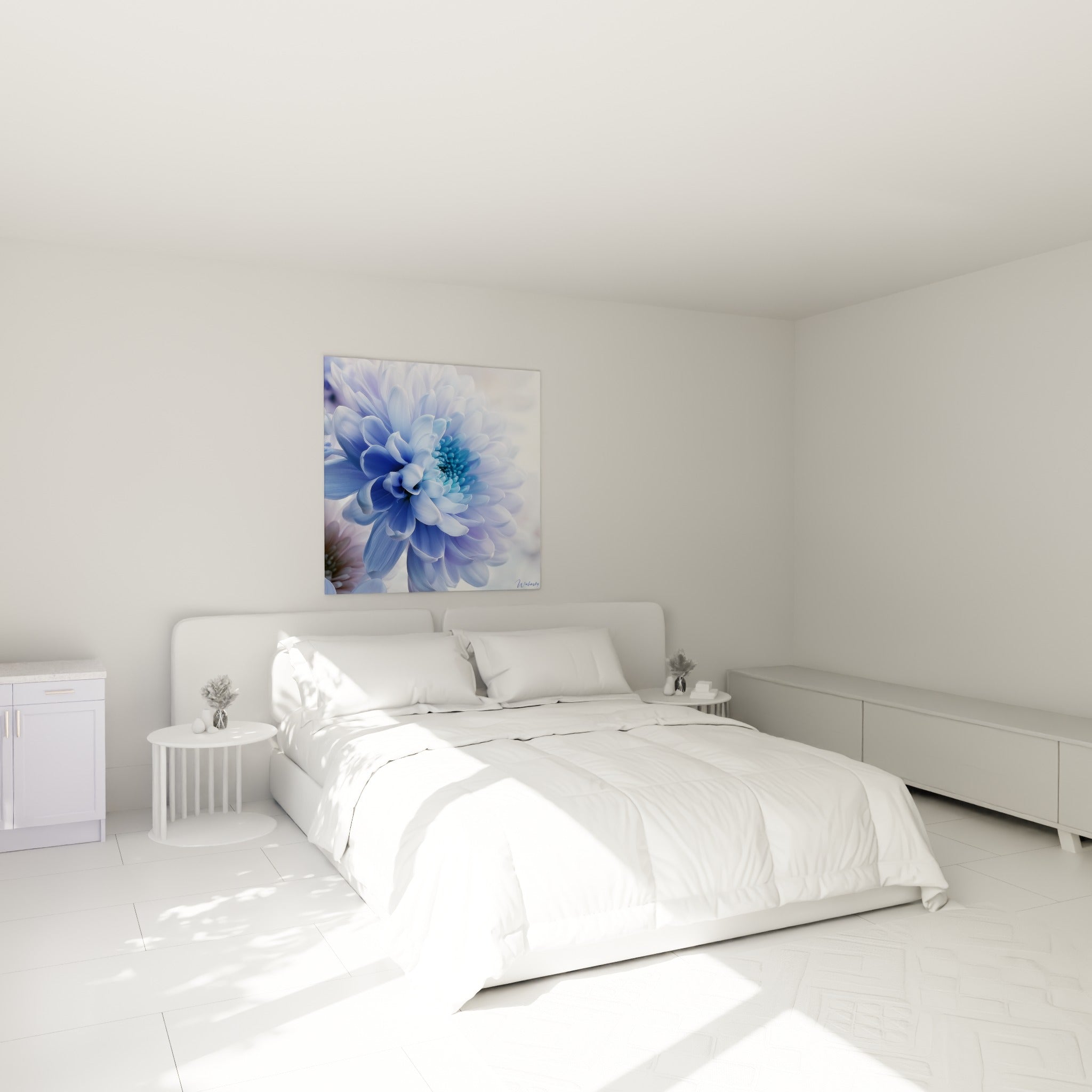 Fleur bleu ciel et blanc nacré du chrysanthème, accrochée au-dessus d'un lit dans une chambre claire
