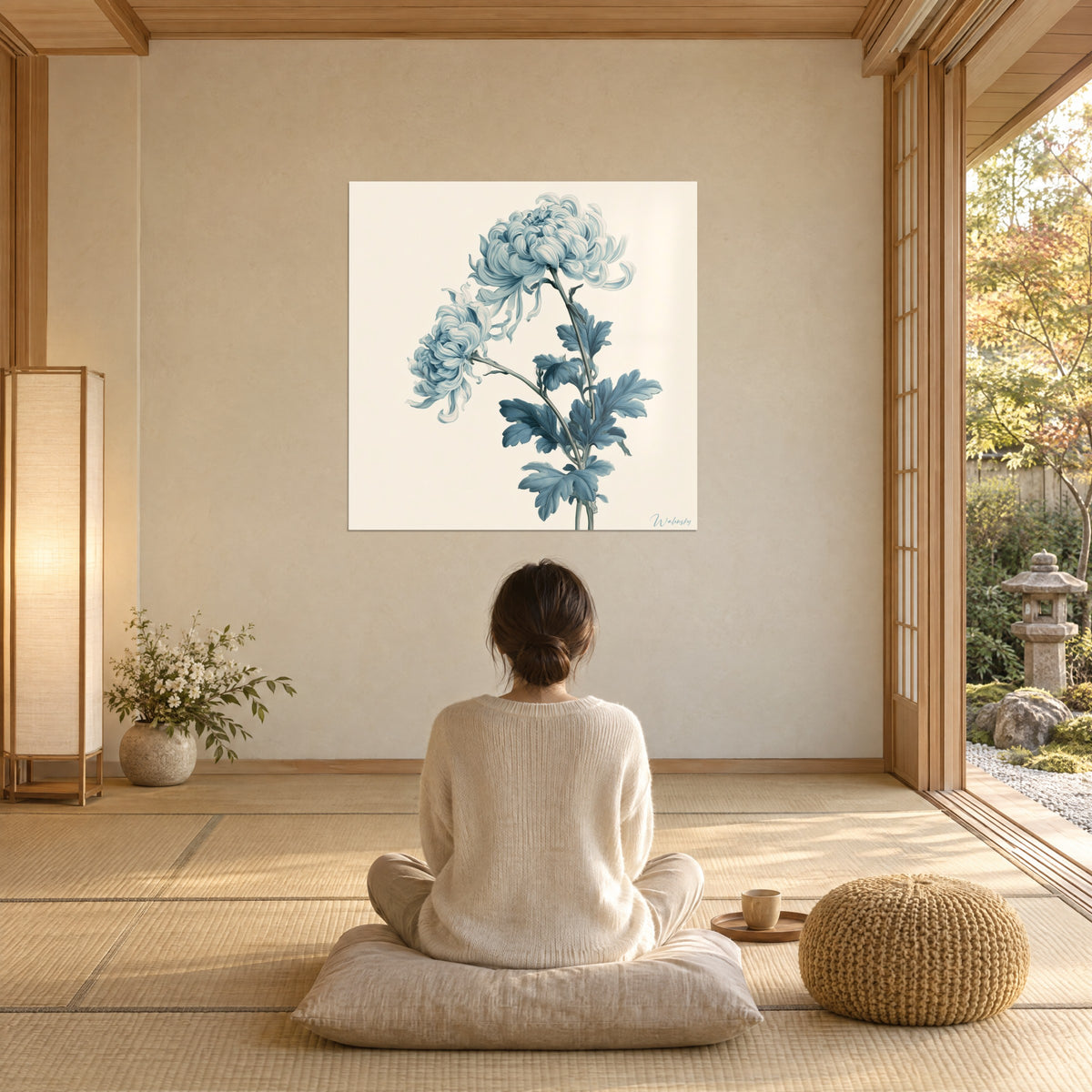 Quadro crisantemo inciso in blu sbiadito su fondo avorio, donna di spalle seduta su un cuscino, tatami e giardino autunnale