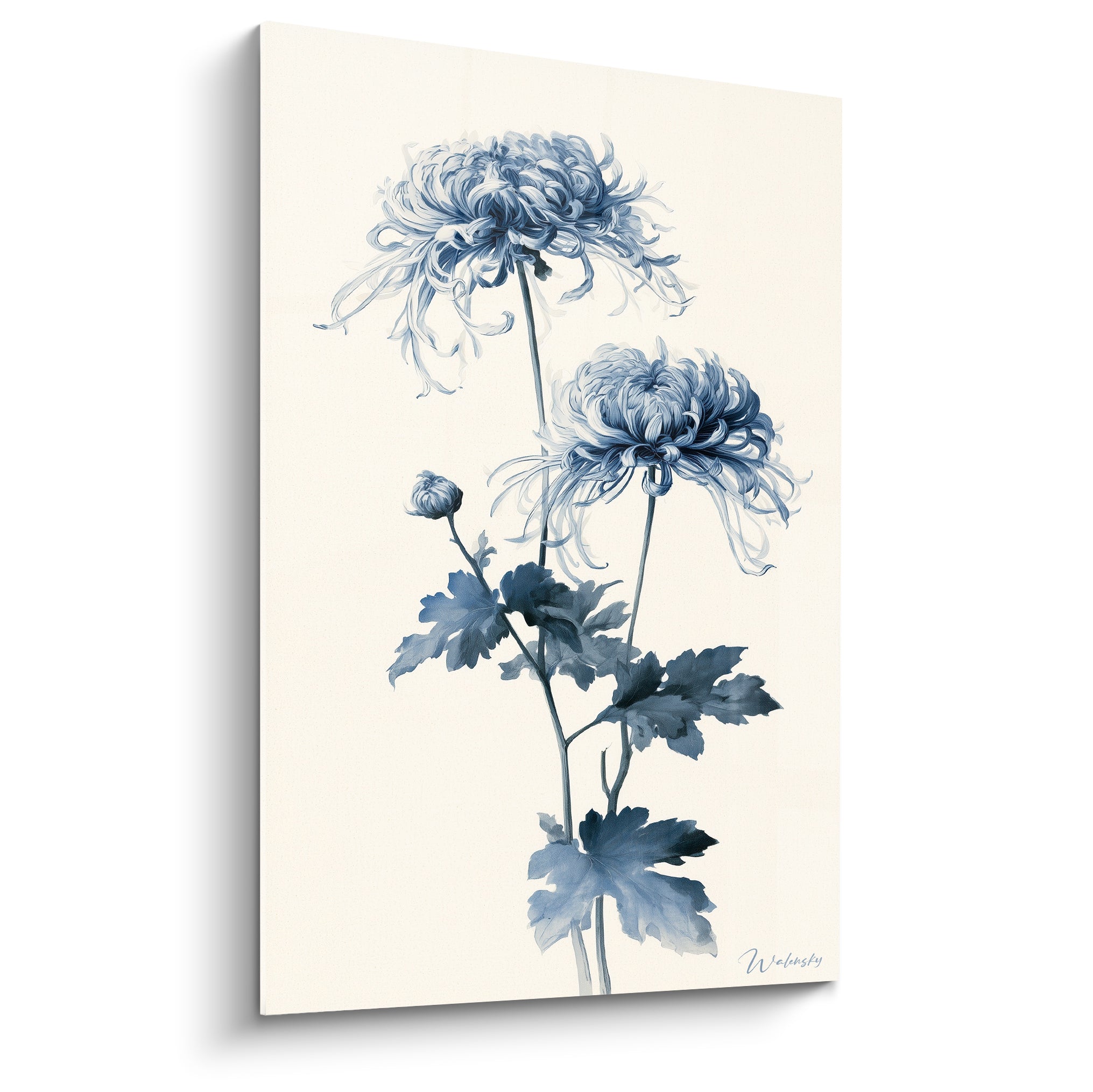 Chrysanthème bleu indigo aux pétales déployés sur fond ivoire, style aquarelle délicate et feuilles anthracite