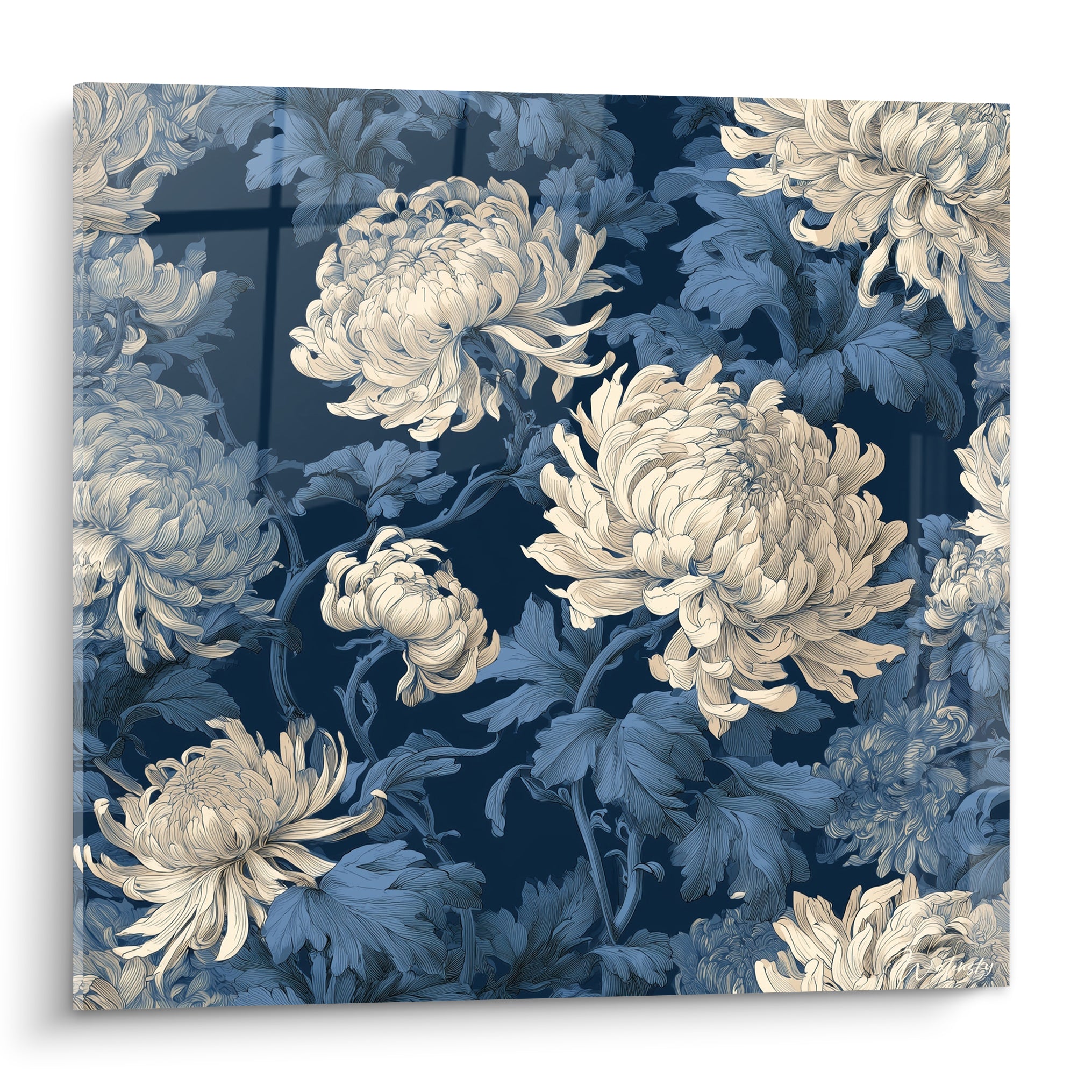 Chrysanthèmes ivoire déployés sur fond bleu marine intense, feuillage bleu ardoise dessiné finement