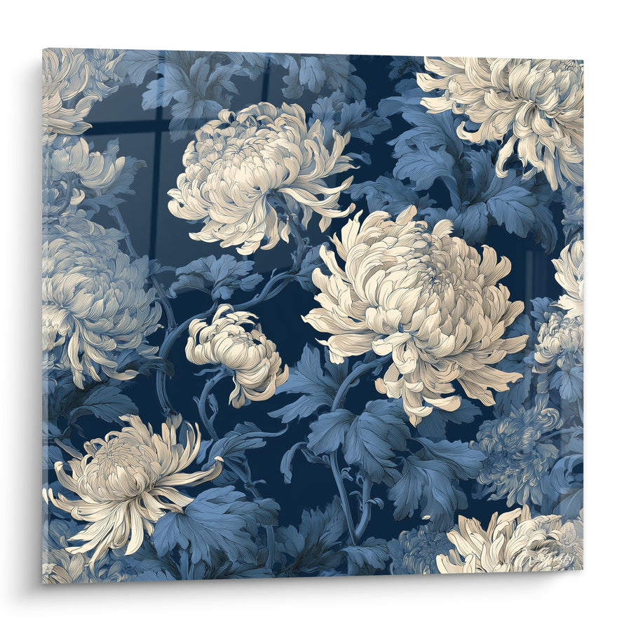 Gemälde Chrysanthemen Elfenbein auf Marineblau - Nachtblüte - Chrysantheme Edition