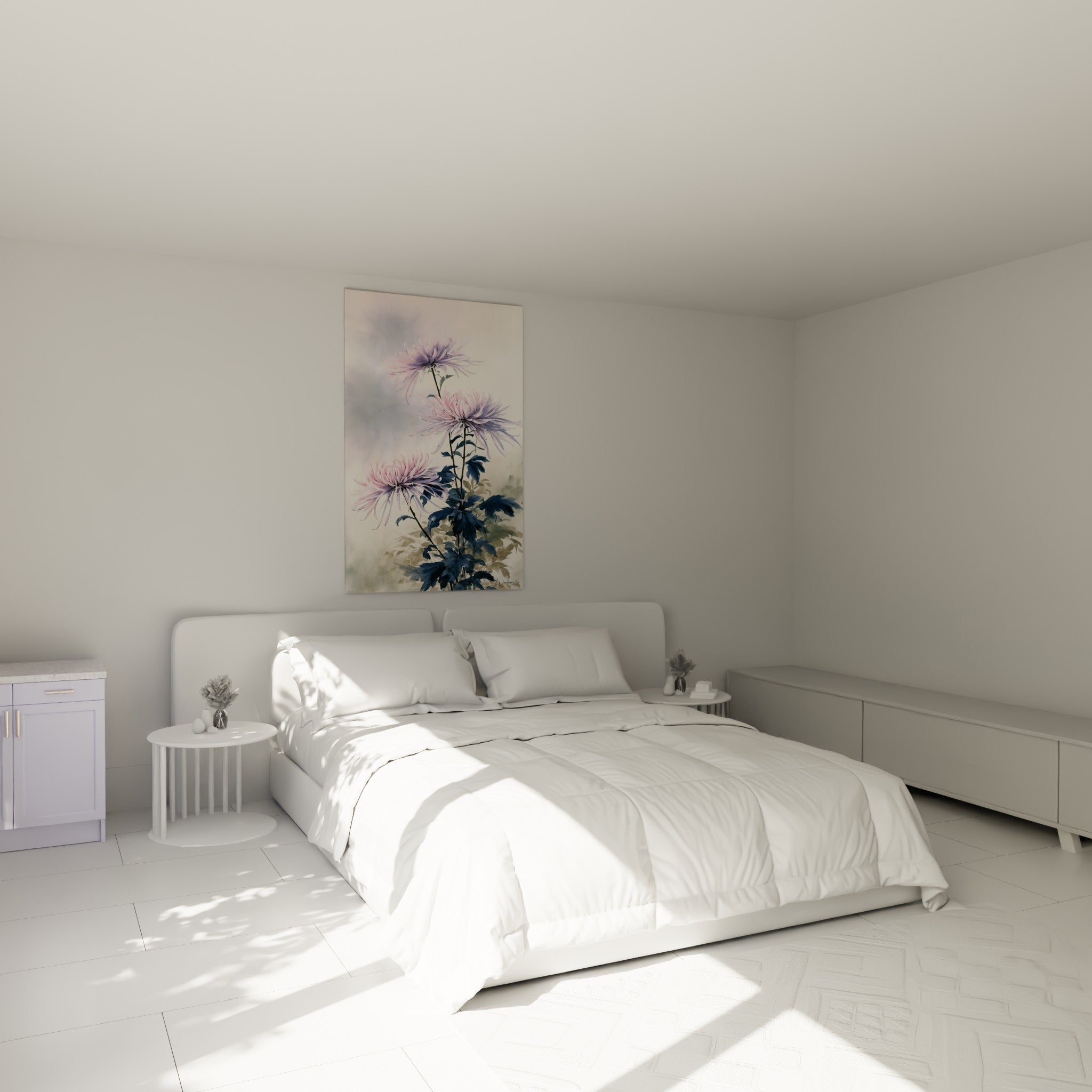 Fleurs de Chrysanthème rose poudré et bleu nuit accrochées au-dessus d'un lit dans une chambre claire