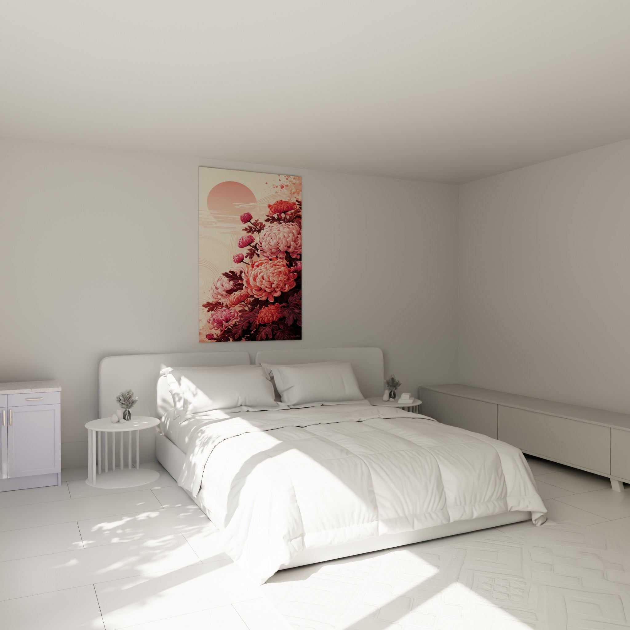 Bouquet de chrysanthèmes corail et bordeaux accroché au-dessus d'un lit dans une chambre claire