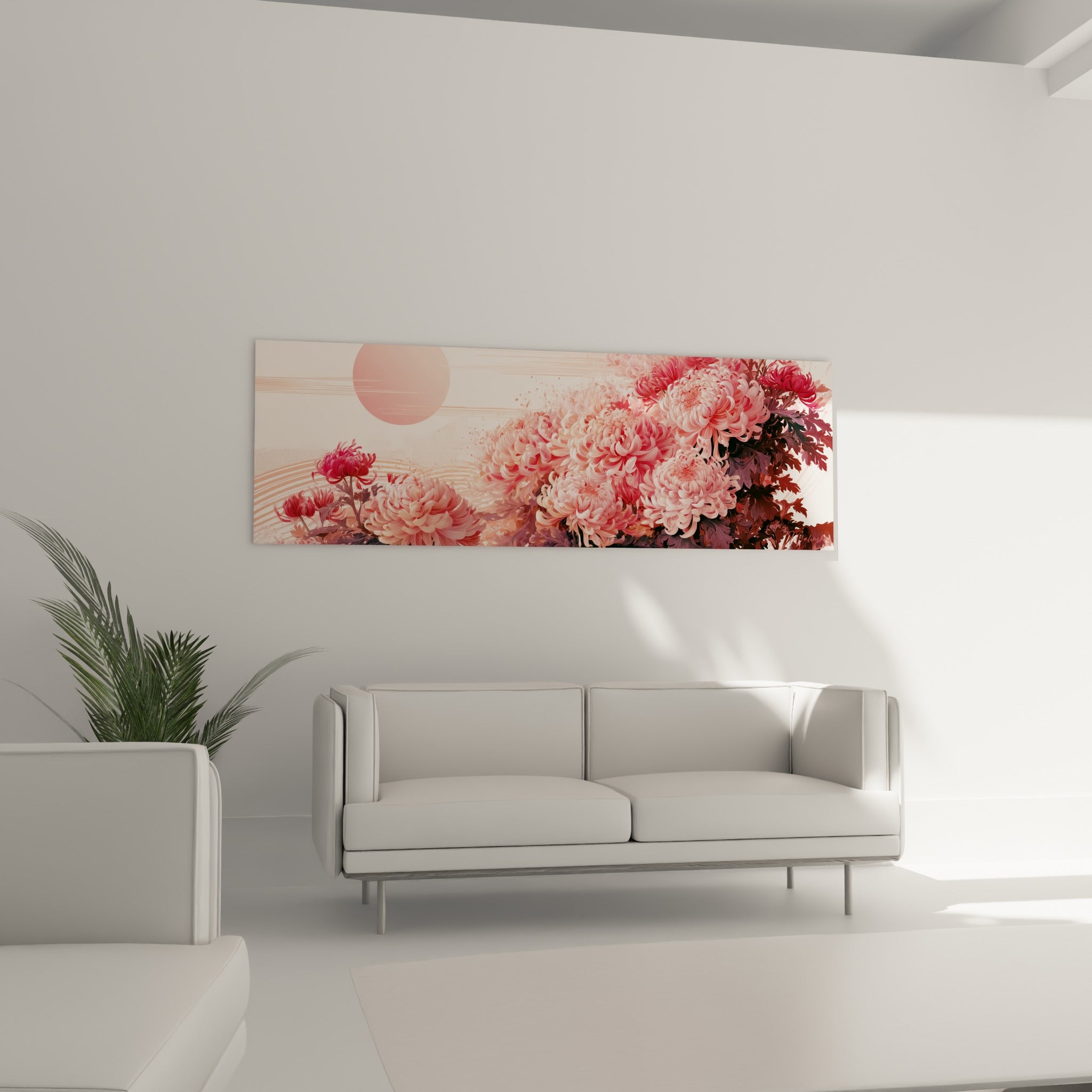Fleurs de chrysanthème roses et grenat surplombant un canapé dans un salon lumineux.