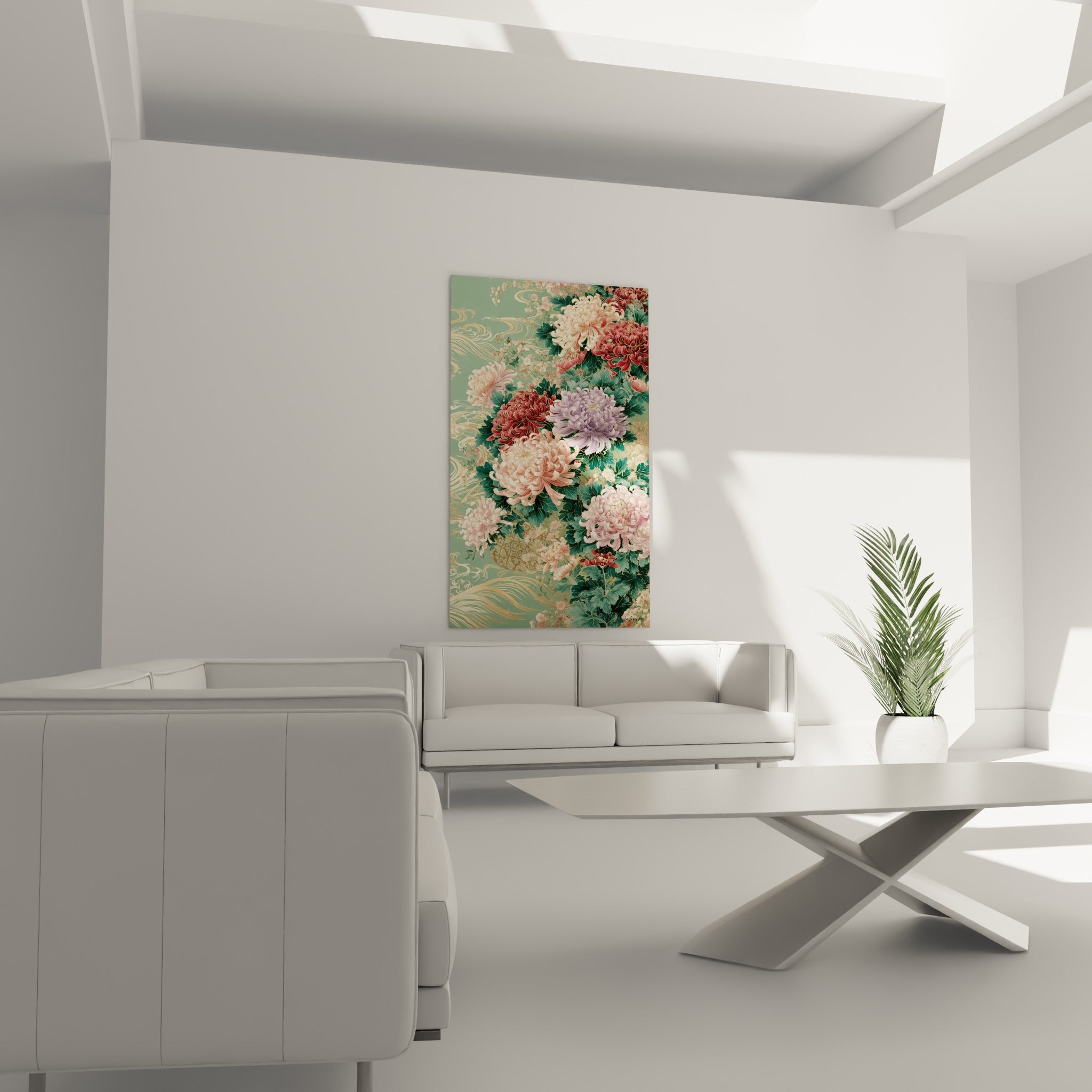 Chrysanthèmes roses et dorés déployés au-dessus d'un canapé dans un salon lumineux