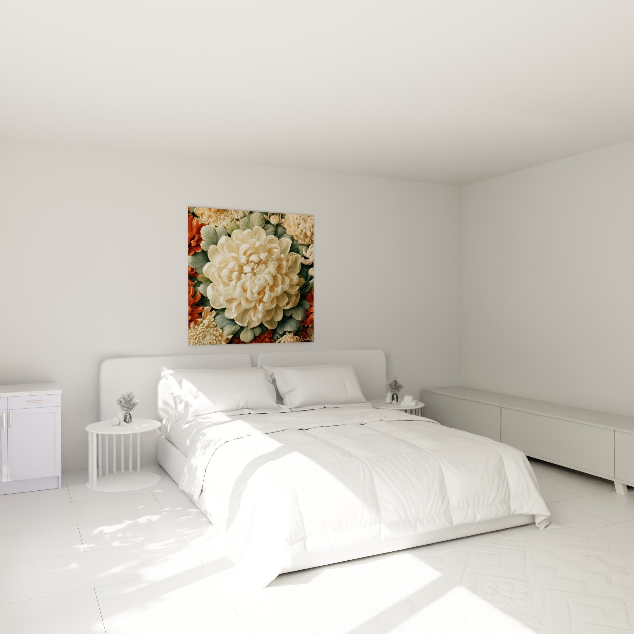 Bouquet de chrysanthèmes crème et roux accroché au-dessus d'un lit dans une chambre claire