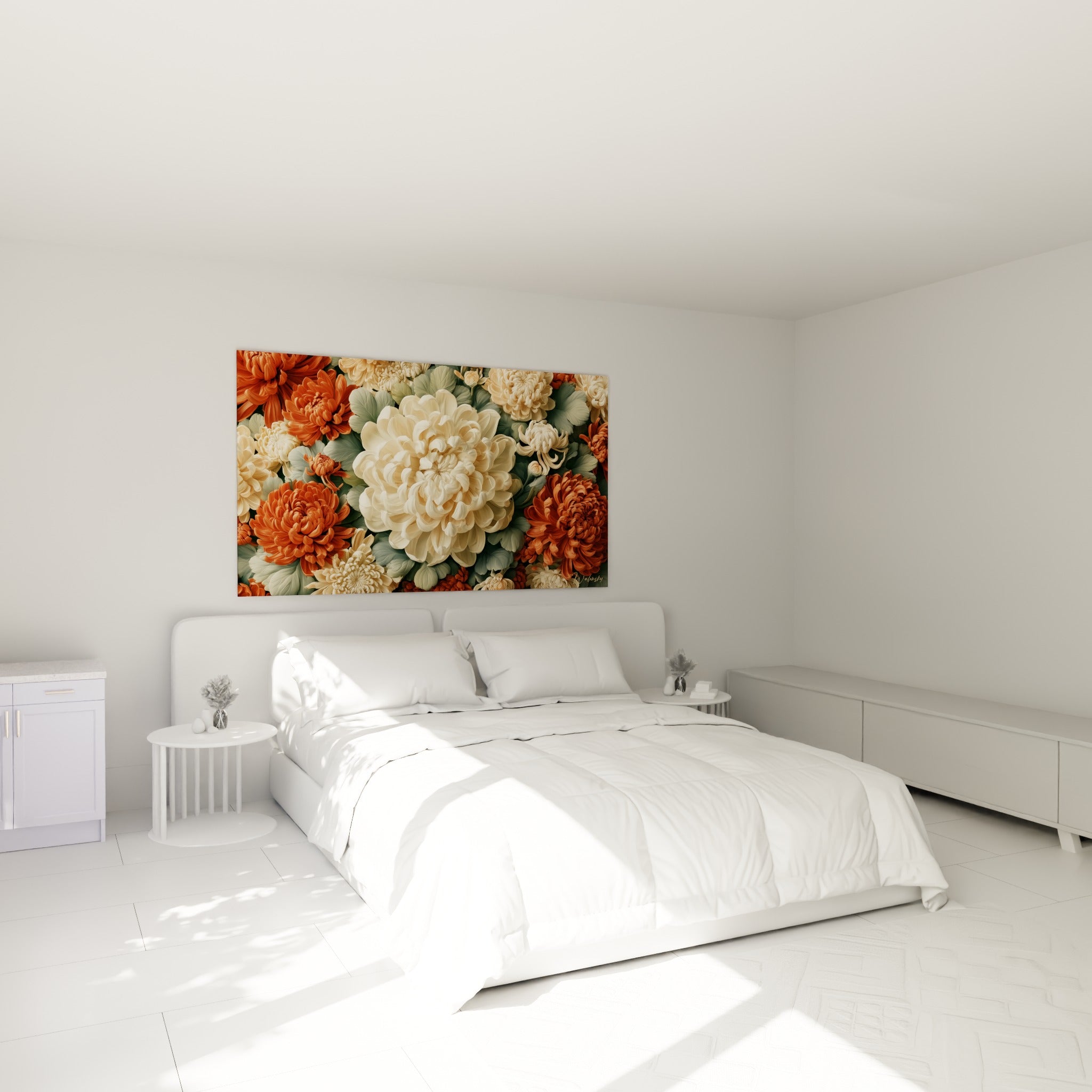 Bouquet de chrysanthèmes ivoire et terracotta accroché au-dessus d'un lit dans une chambre claire