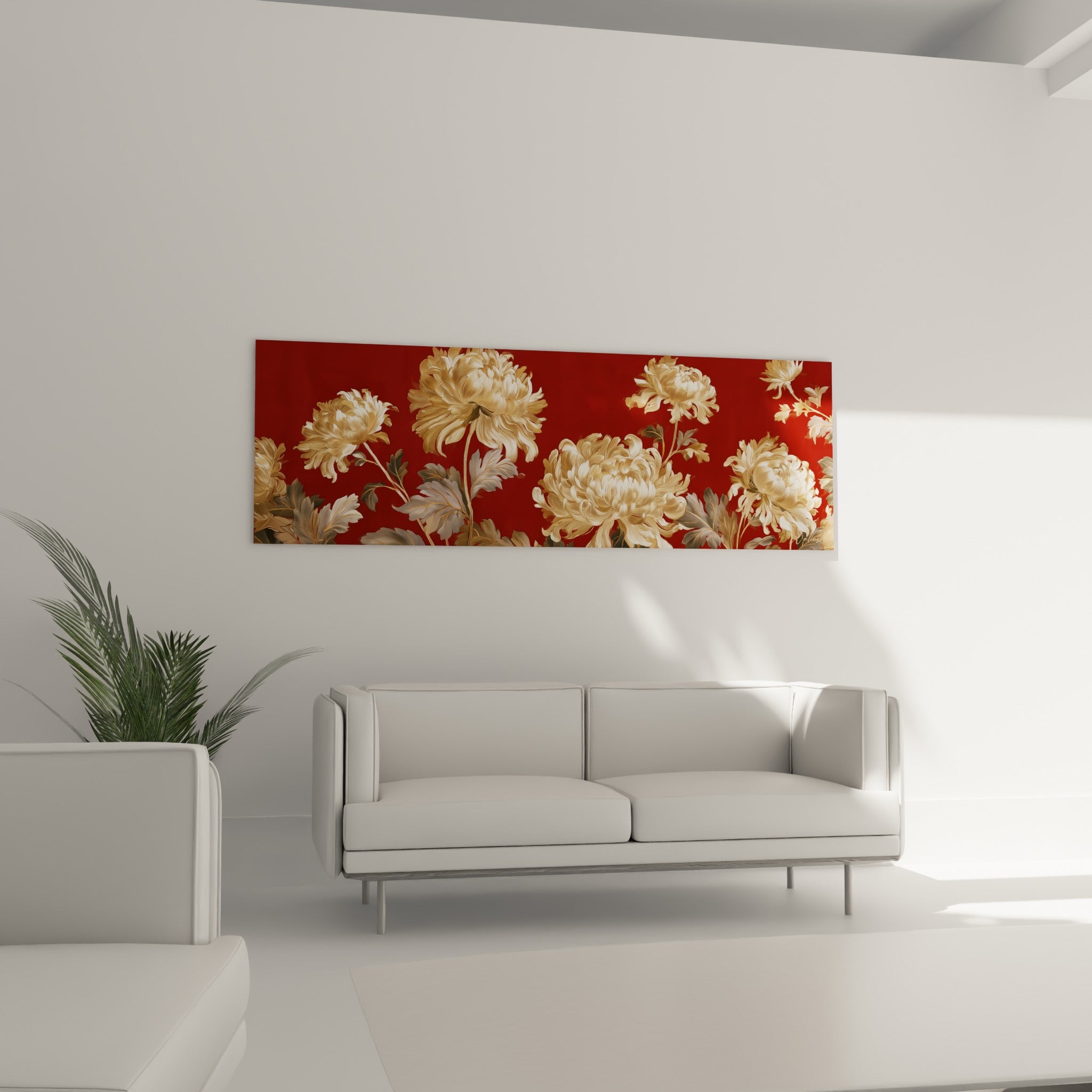 Bouquet de chrysanthèmes dorés et feuillage grisé, au-dessus d'un canapé dans un salon lumineux