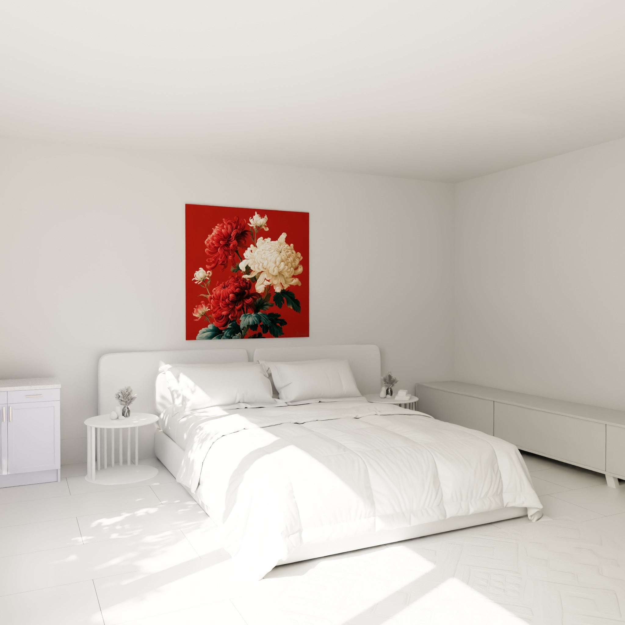 Bouquet de chrysanthèmes blanc et rouge profond au-dessus d'un lit dans une chambre claire