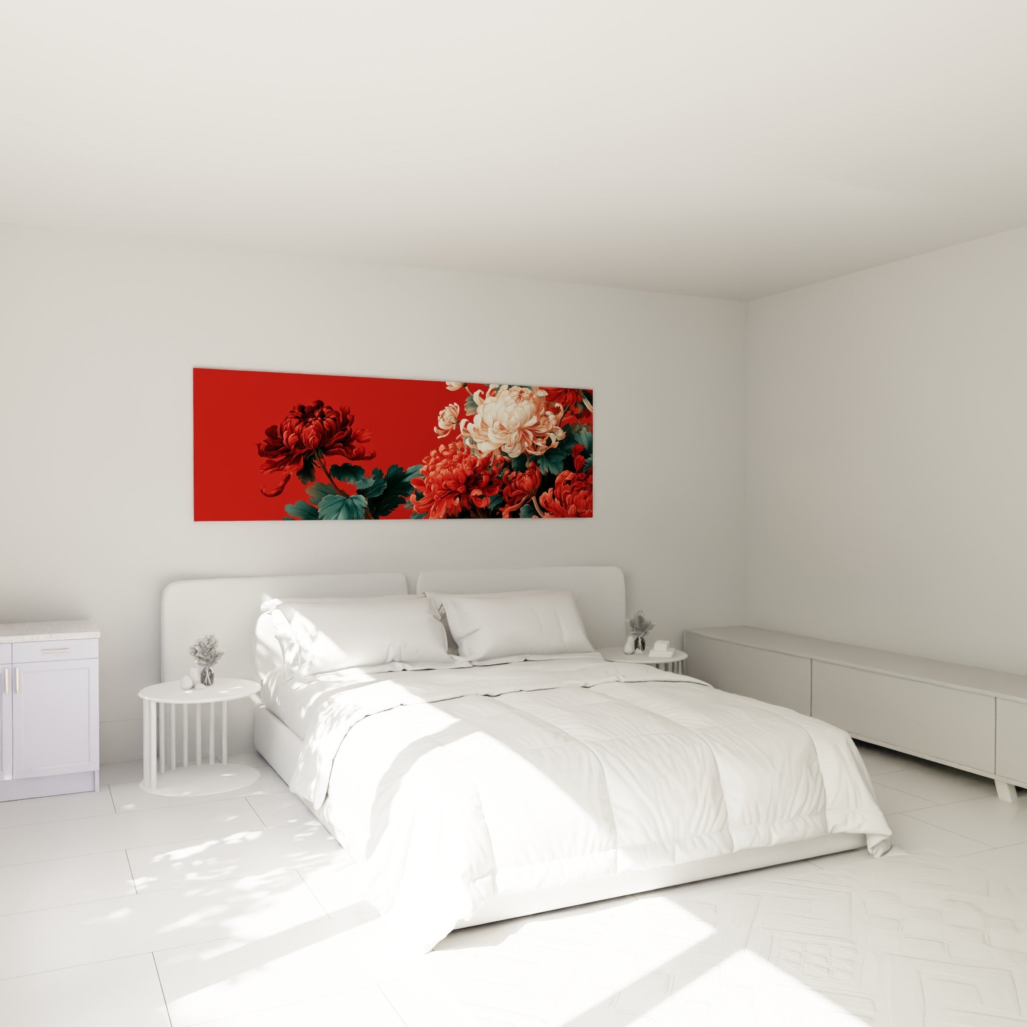 Bouquet de chrysanthèmes rouges et blancs suspendu au-dessus d'un lit dans une chambre claire