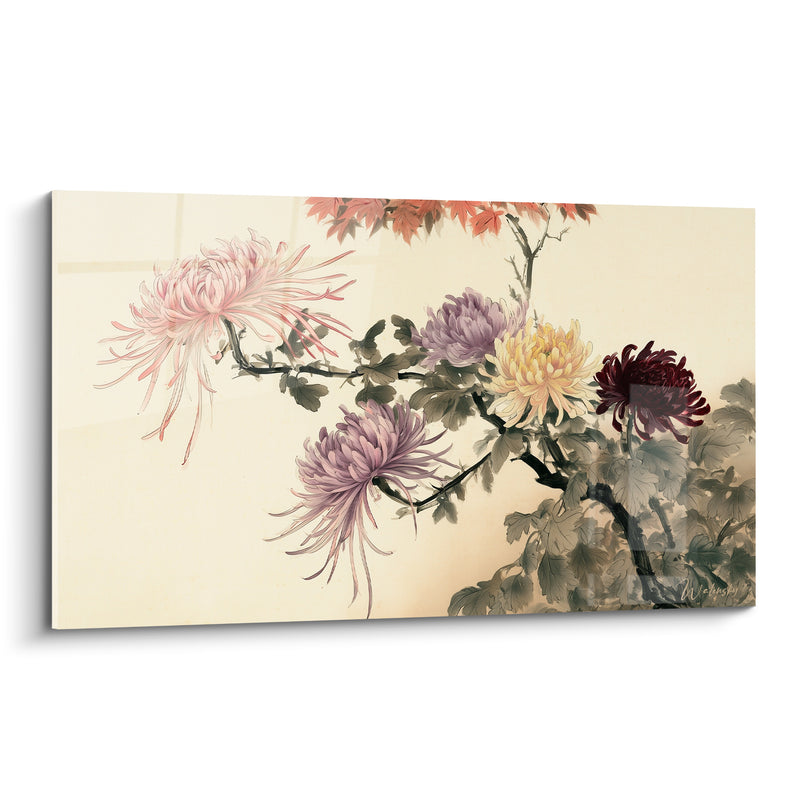 Tableau Chrysanthèmes roses et mauves aux pétales effilés - Branche à cinq fleurs - Edition Chrysanthème