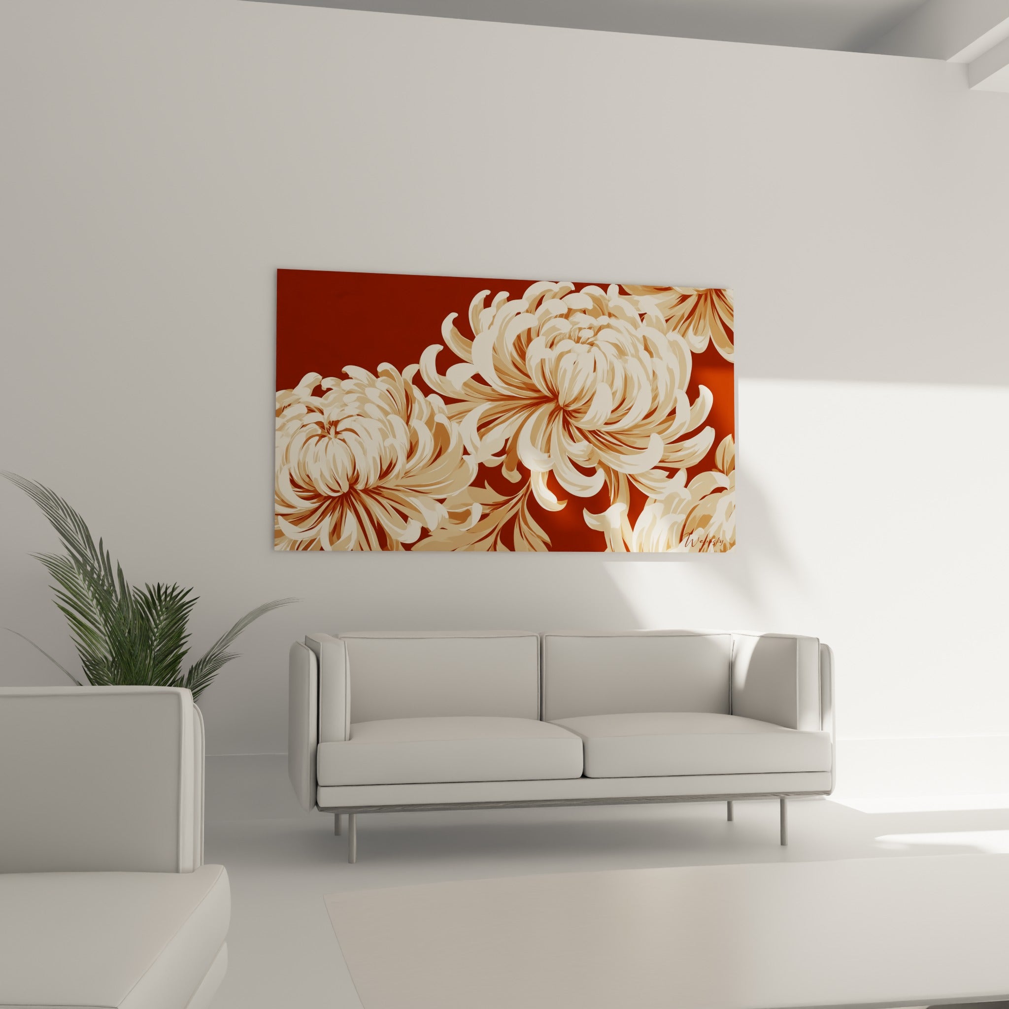 Chrysanthème doré et brun aux pétales courbés placé au-dessus d'un canapé dans un salon lumineux