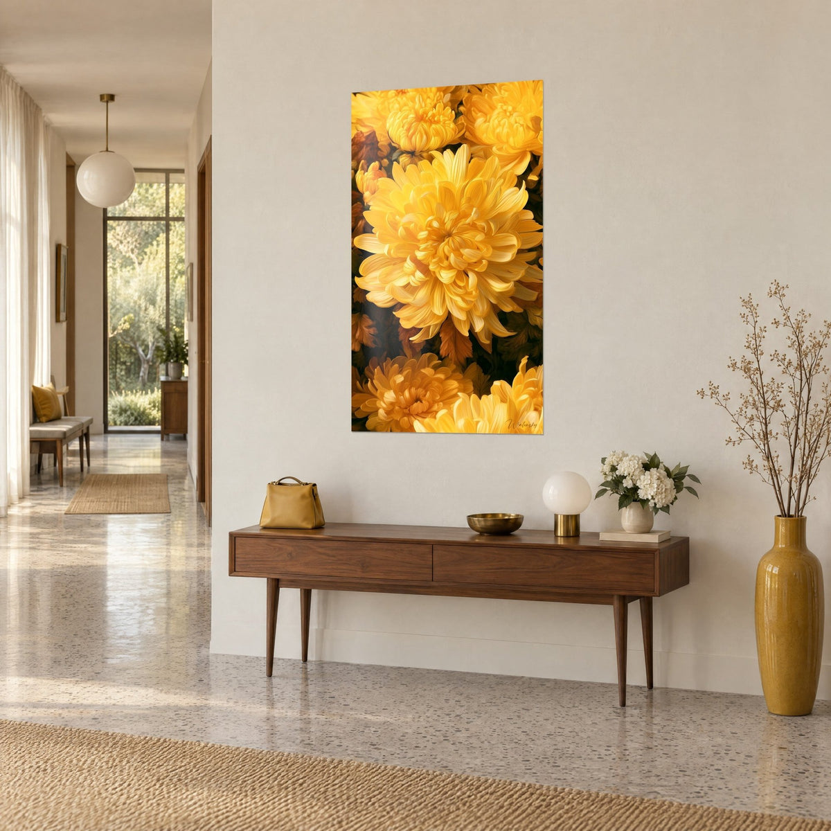 Wall art of a dense cluster of golden flowers, copper foliage and saffron petals, on the beige wall of a bright hallway