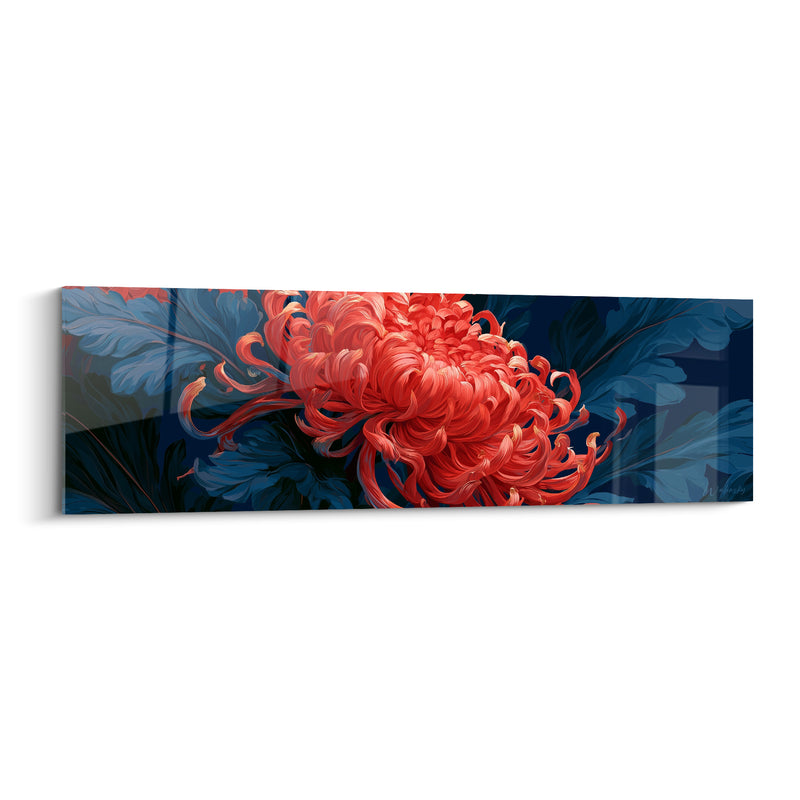Tableau Chrysanthème corail aux feuilles bleu nuit tourbillonnantes - Pétales en spirale - Edition Chrysanthème