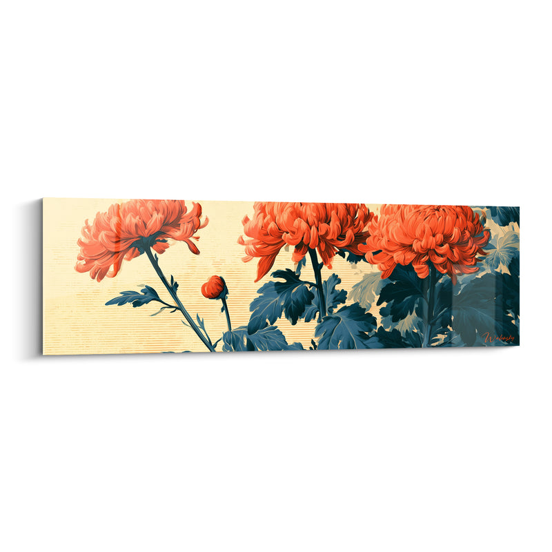 Tableau Chrysanthèmes corail et bleu pétrole en trio serré - Bourgeon isolé à tige fine - Edition Chrysanthème
