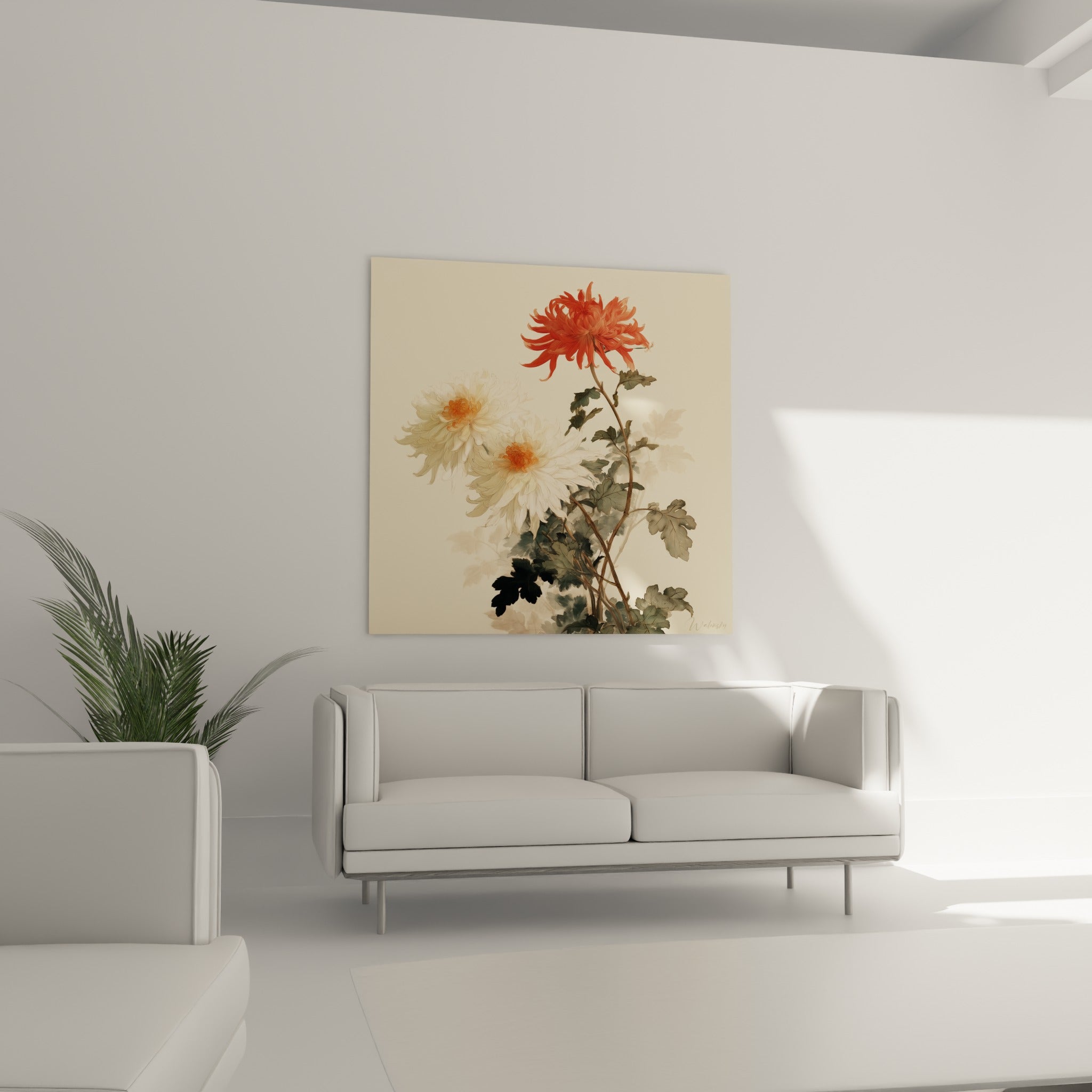 Chrysanthème corail dressé parmi des fleurs ivoire aux cœurs orangés, au-dessus d'un canapé dans un salon lumineux