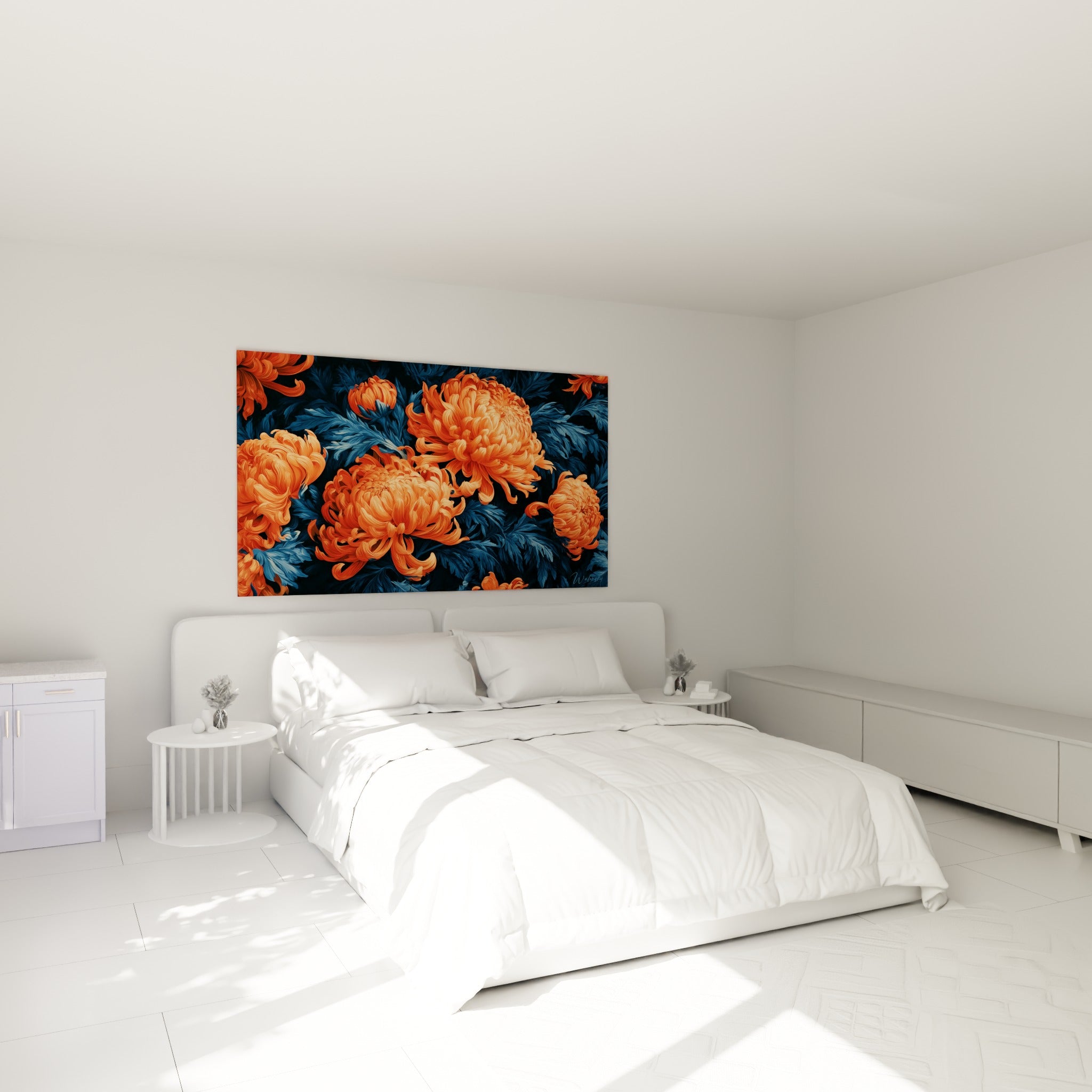 Fleurs de chrysanthème orange corail contre un feuillage anthracite, accrochées au-dessus d'un lit dans une chambre claire