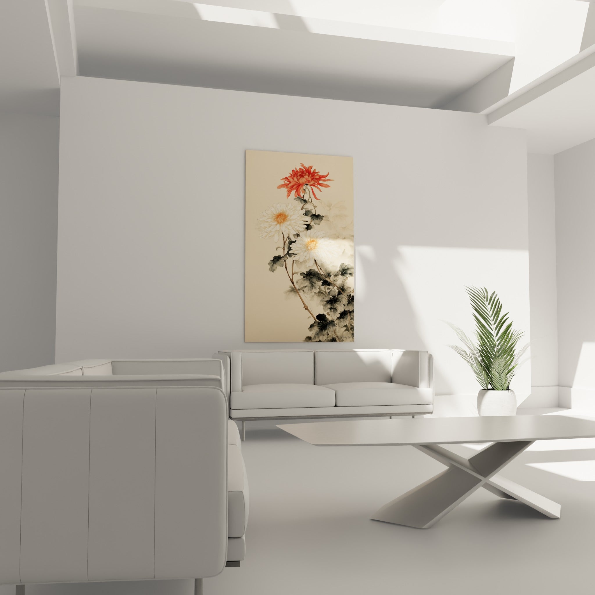 Branche de chrysanthème corail et ivoire accrochée au-dessus d'un canapé dans un salon lumineux
