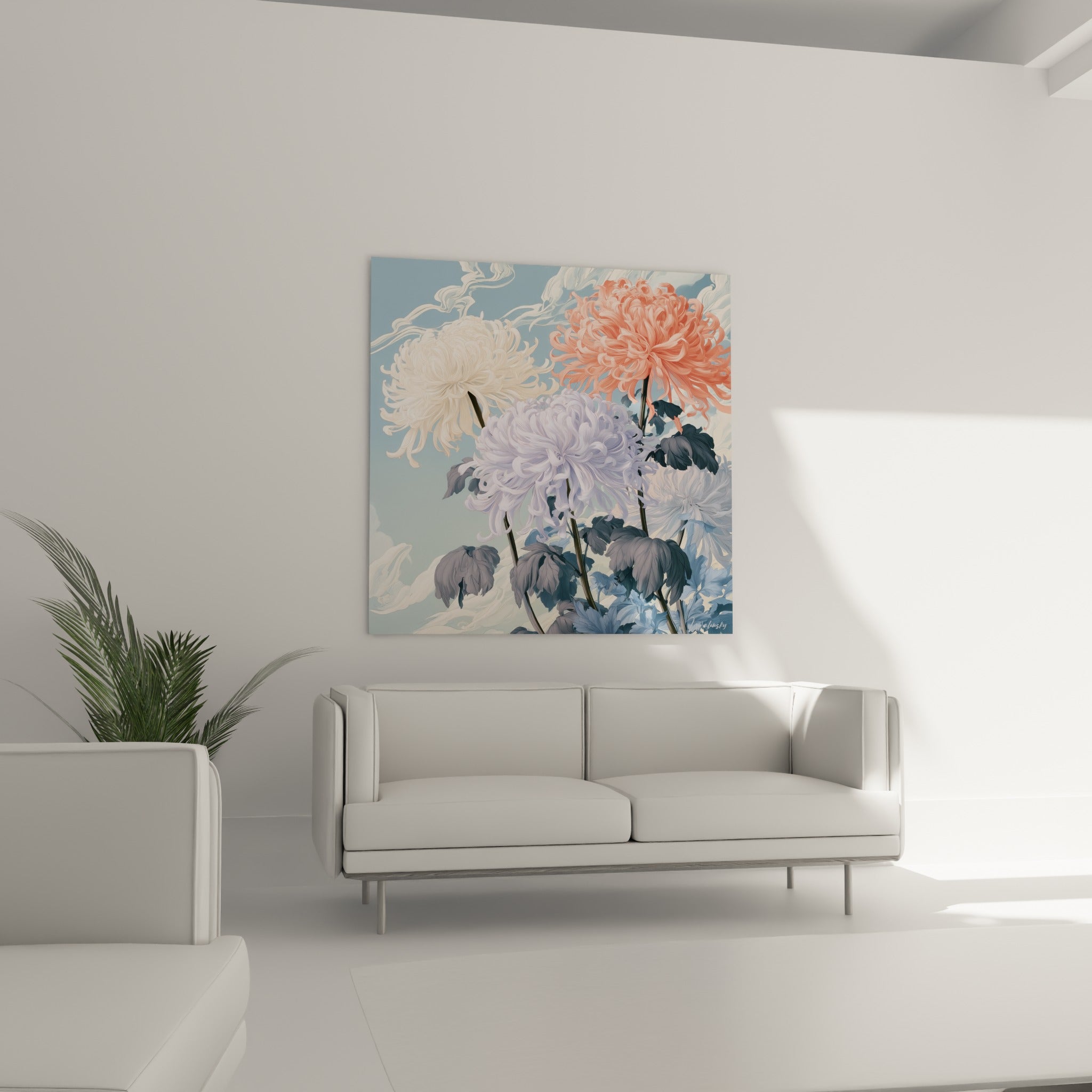 Bouquet de chrysanthèmes corail et ivoire aux feuilles anthracite, au-dessus d'un canapé dans un salon lumineux