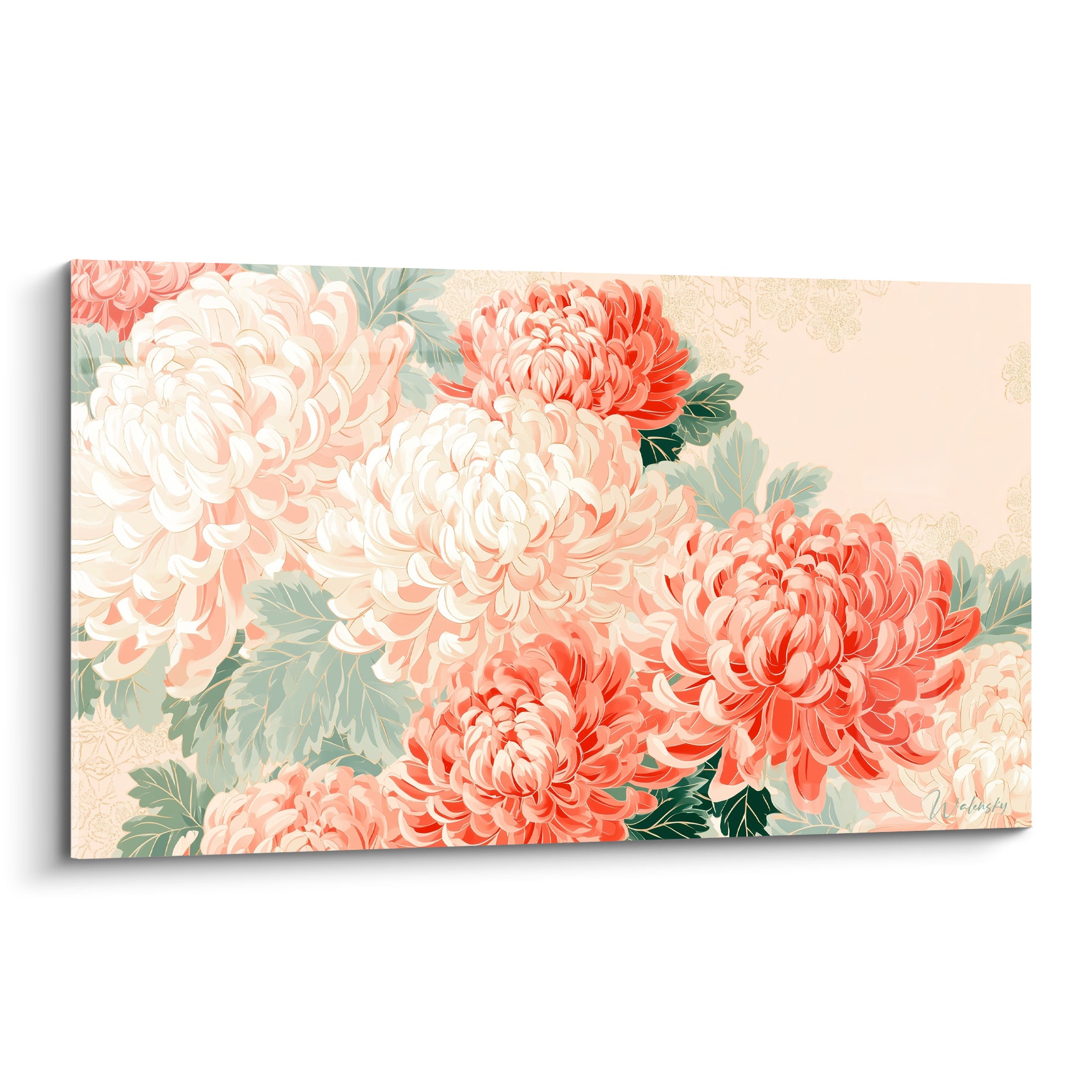Chrysanthèmes corail et ivoire aux pétales enroulés sur fond beige orné de motifs dorés