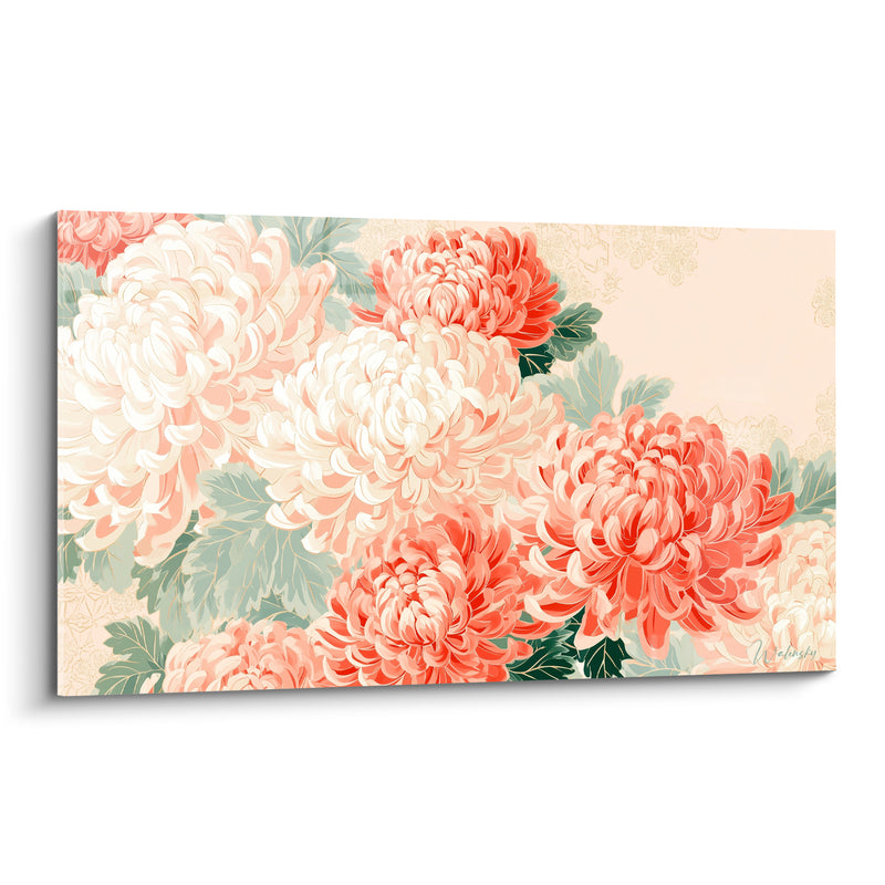 Tableau Chrysanthèmes corail et ivoire épanouis - Floraison sereine - Edition Chrysanthème