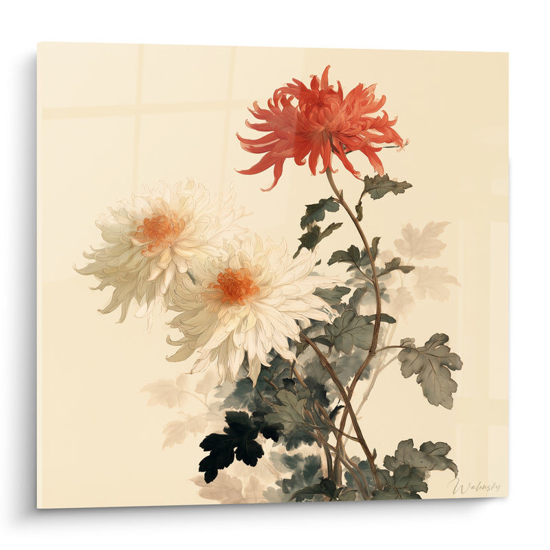 Tableau Chrysanthèmes ivoire et corail sur fond crème - Douceur automnale - Edition Chrysanthème