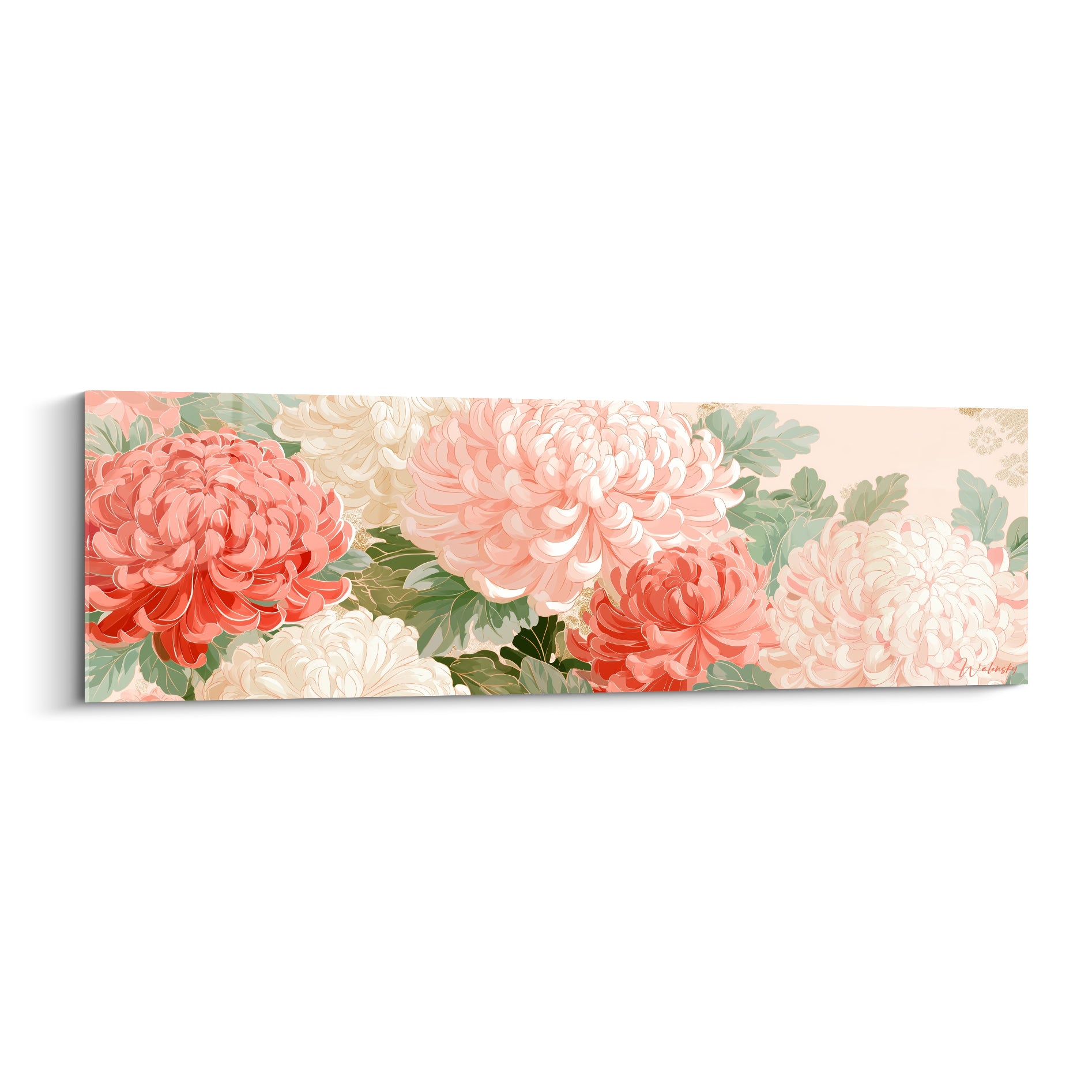 Chrysanthèmes corail et ivoire aux pétales denses sur fond beige clair, style illustratif japonisant