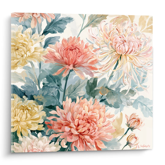 Chrysanthèmes corail et jaune pâle en pleine floraison, feuillage bleu-gris peint en aquarelle
