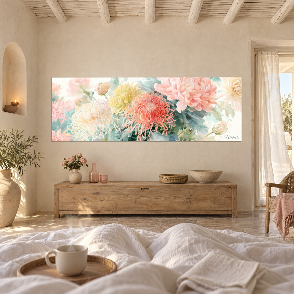 Wall art with autumn peonies in coral, yellow and cream on an ivory background, hung above a bed in a light bedroom
