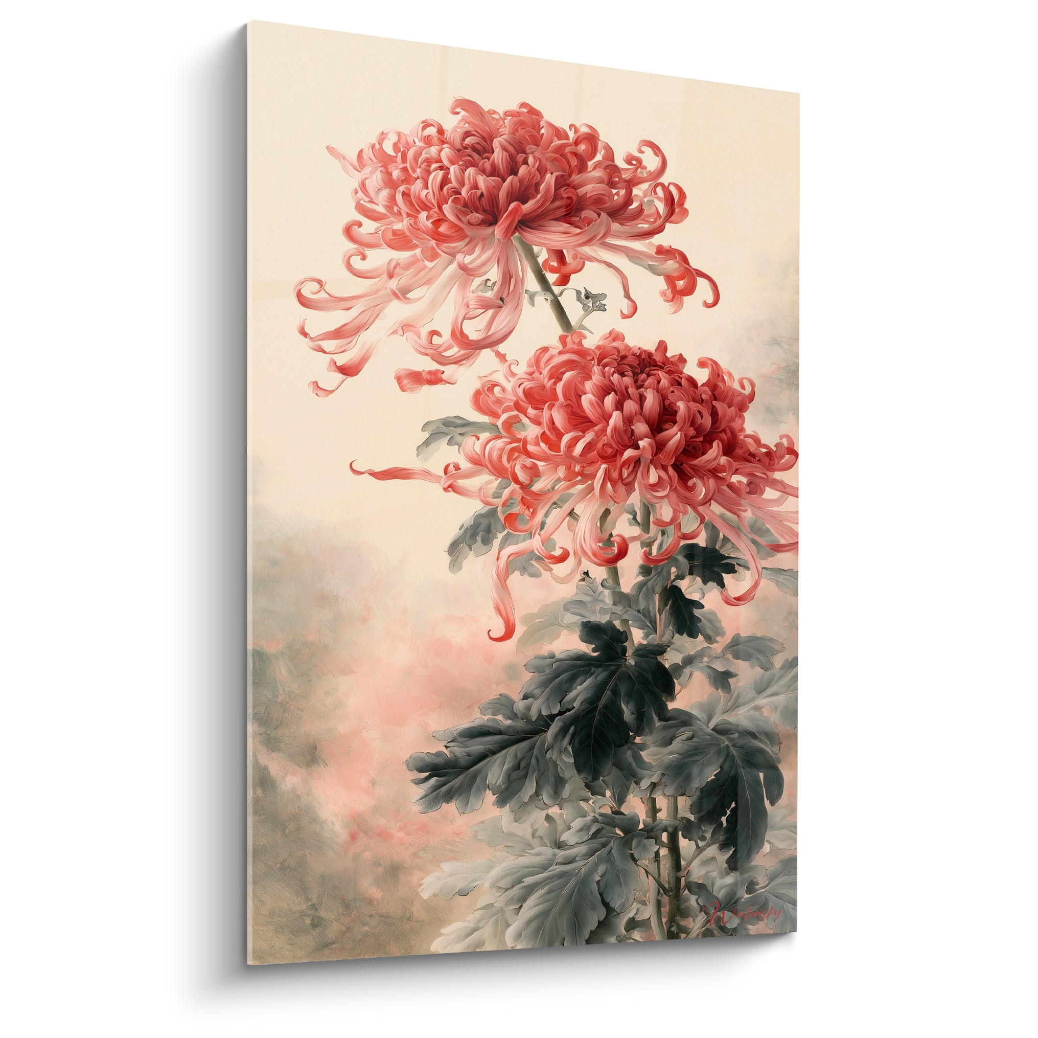 Chrysanthème corail à pétales effilés peint sur fond ivoire brumeux, feuillage anthracite