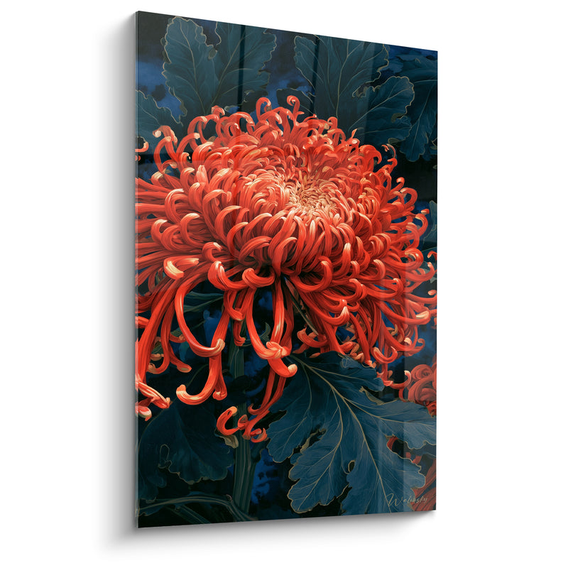 Tableau Chrysanthème corail aux feuilles bleu nuit tentaculaires - Pétales en volutes - Edition Chrysanthème
