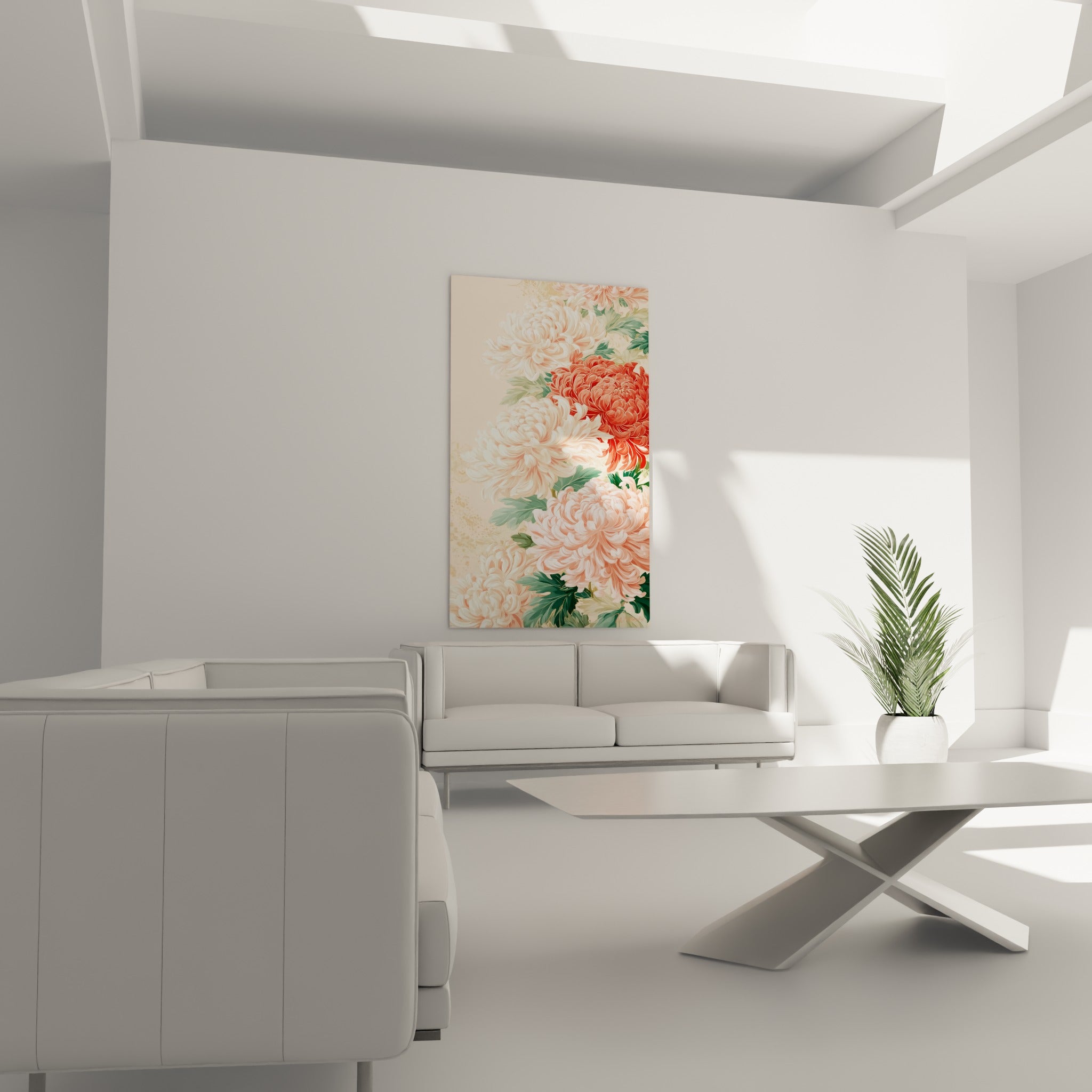 Bouquet de chrysanthèmes blancs et corail orne le mur au-dessus d'un canapé dans un salon lumineux