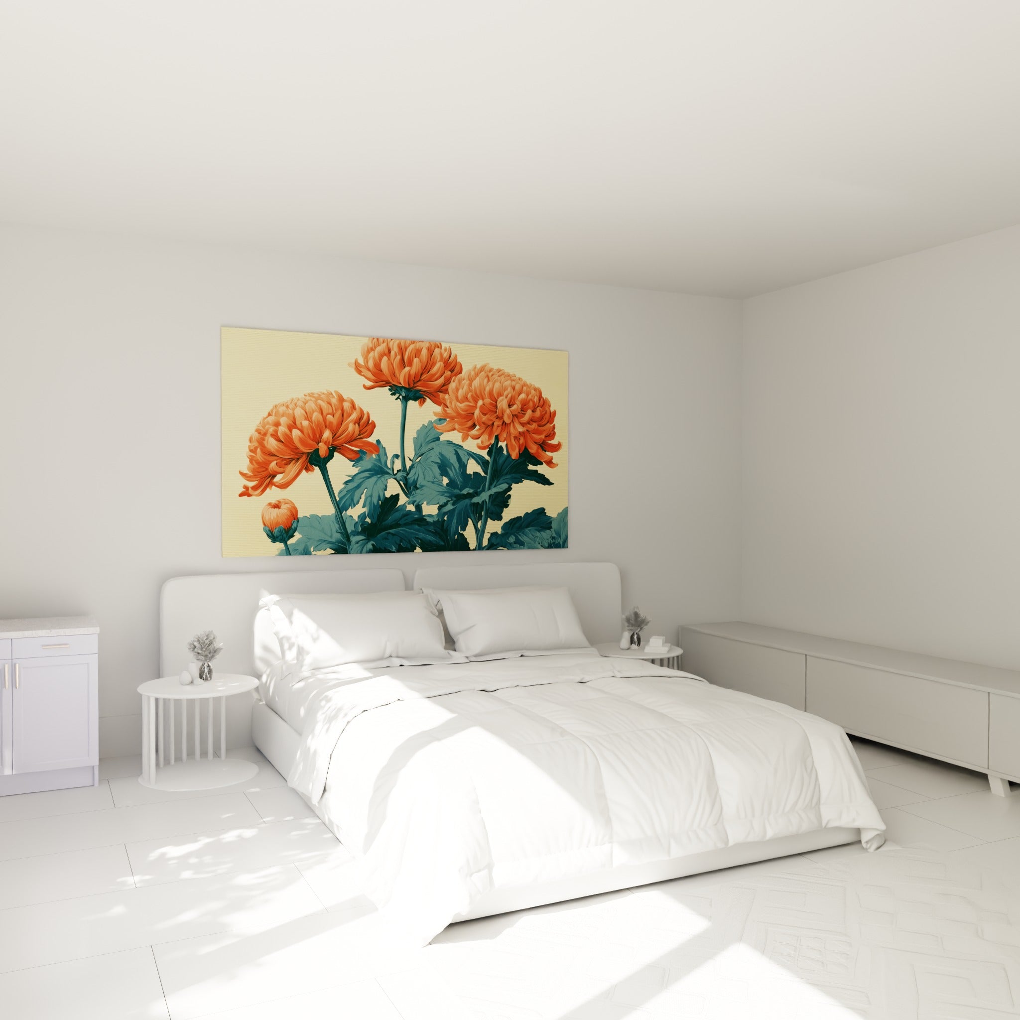 Corolles de Chrysanthème orange et feuillage vert pétrole au-dessus d'un lit dans une chambre claire