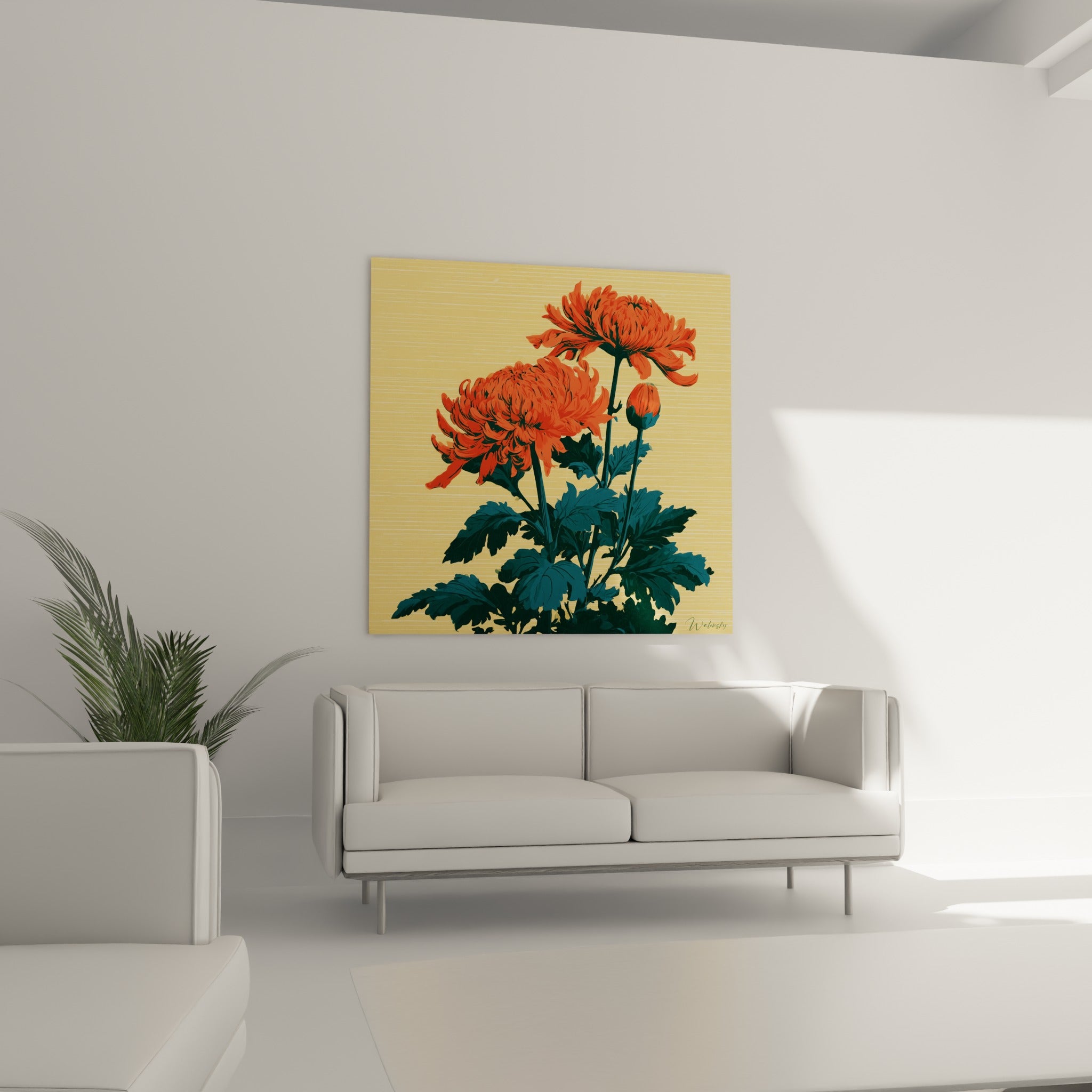 Corolles de chrysanthème terracotta et fond doré rayé au-dessus d'un canapé dans un salon lumineux