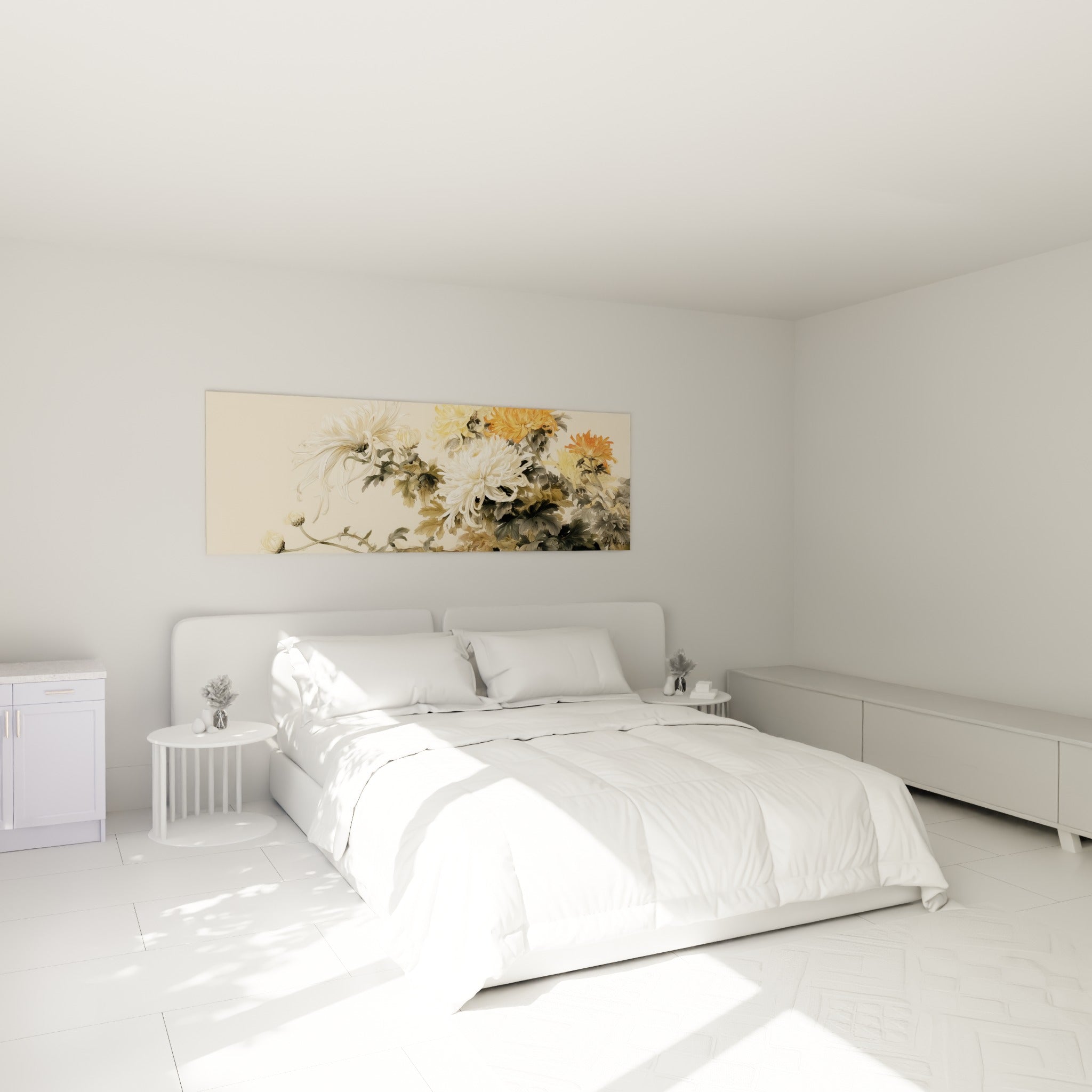 Bouquet de Chrysanthème crème et doré au-dessus d'un lit dans une chambre claire